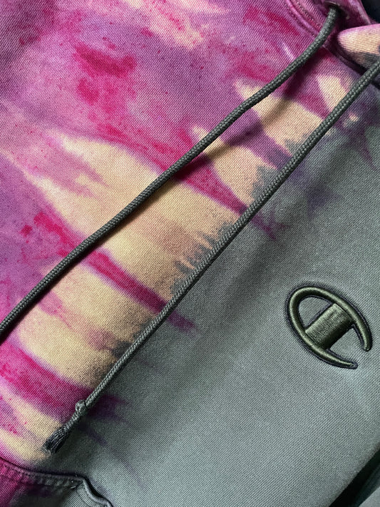 Medium Men's Champion Embroidered Tie Dye Long Sleeve Hoodie | One-Of-a-Kind Upcycled Half and Half Olive Green and Magenta Sweatshirt