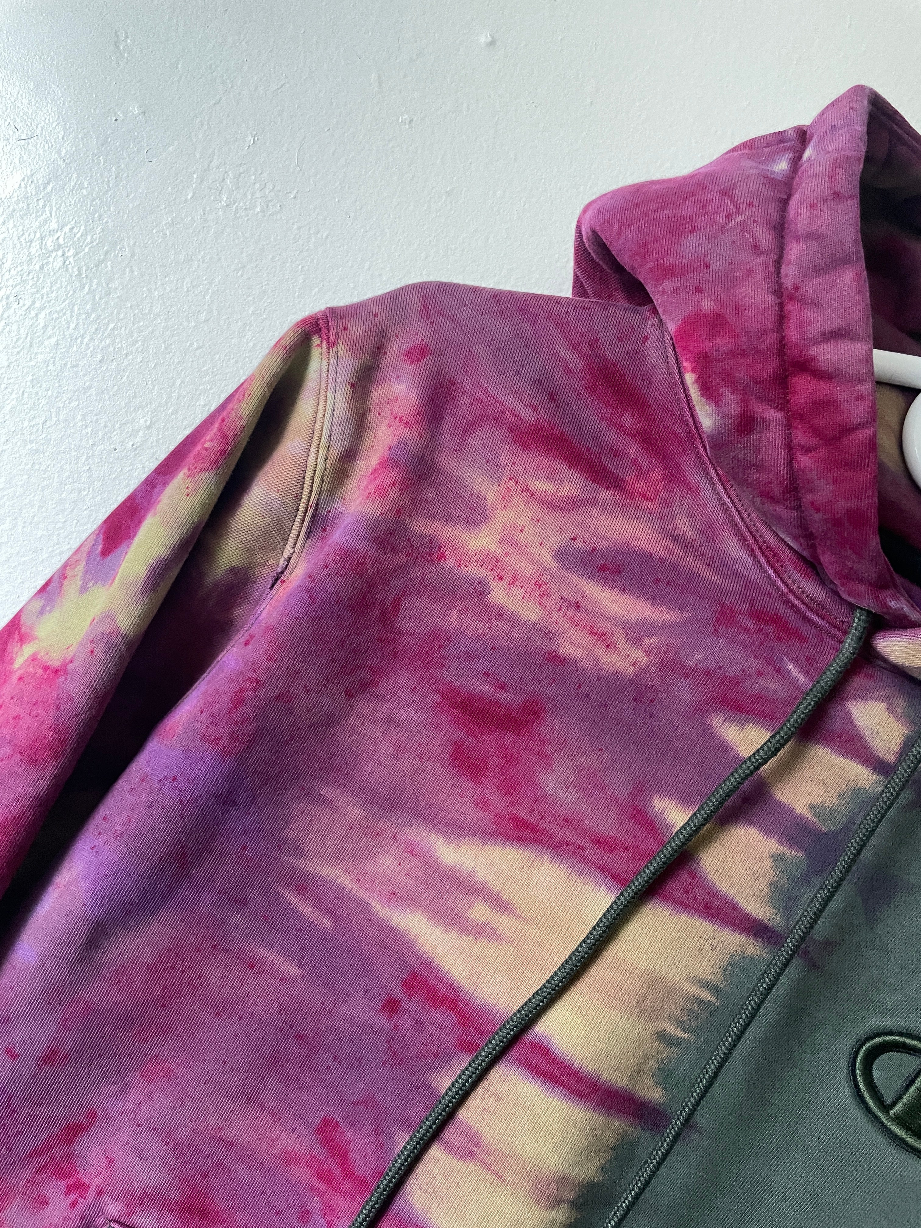 Medium Men's Champion Embroidered Tie Dye Long Sleeve Hoodie | One-Of-a-Kind Upcycled Half and Half Olive Green and Magenta Sweatshirt