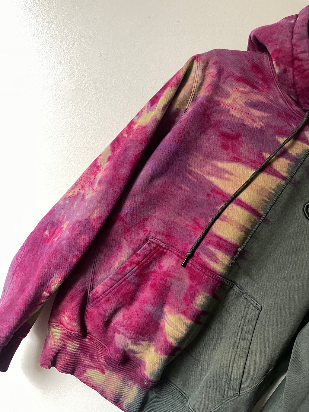 Medium Men's Champion Embroidered Tie Dye Long Sleeve Hoodie | One-Of-a-Kind Upcycled Half and Half Olive Green and Magenta Sweatshirt