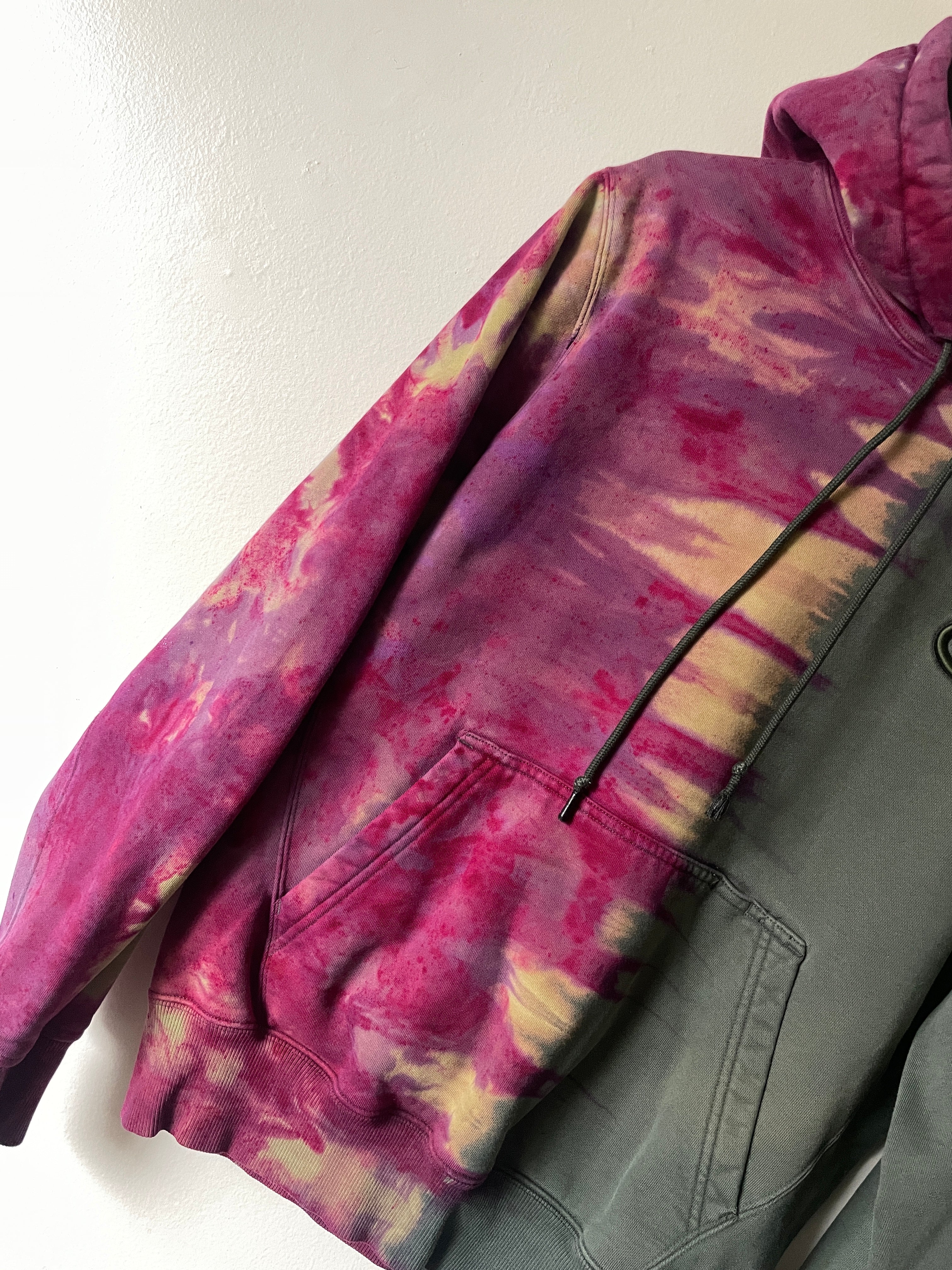 Medium Men's Champion Embroidered Tie Dye Long Sleeve Hoodie | One-Of-a-Kind Upcycled Half and Half Olive Green and Magenta Sweatshirt