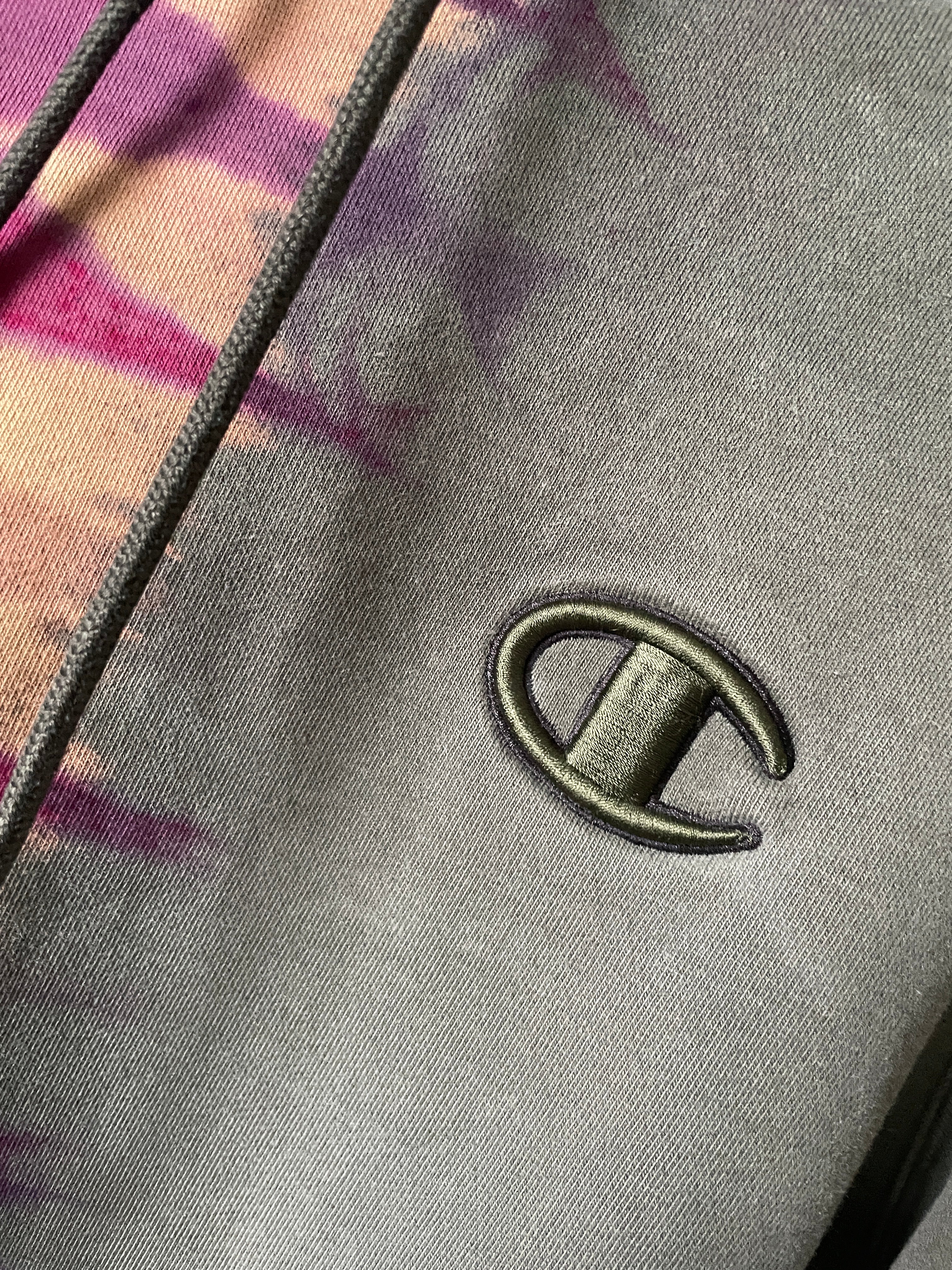 Medium Men's Champion Embroidered Tie Dye Long Sleeve Hoodie | One-Of-a-Kind Upcycled Half and Half Olive Green and Magenta Sweatshirt