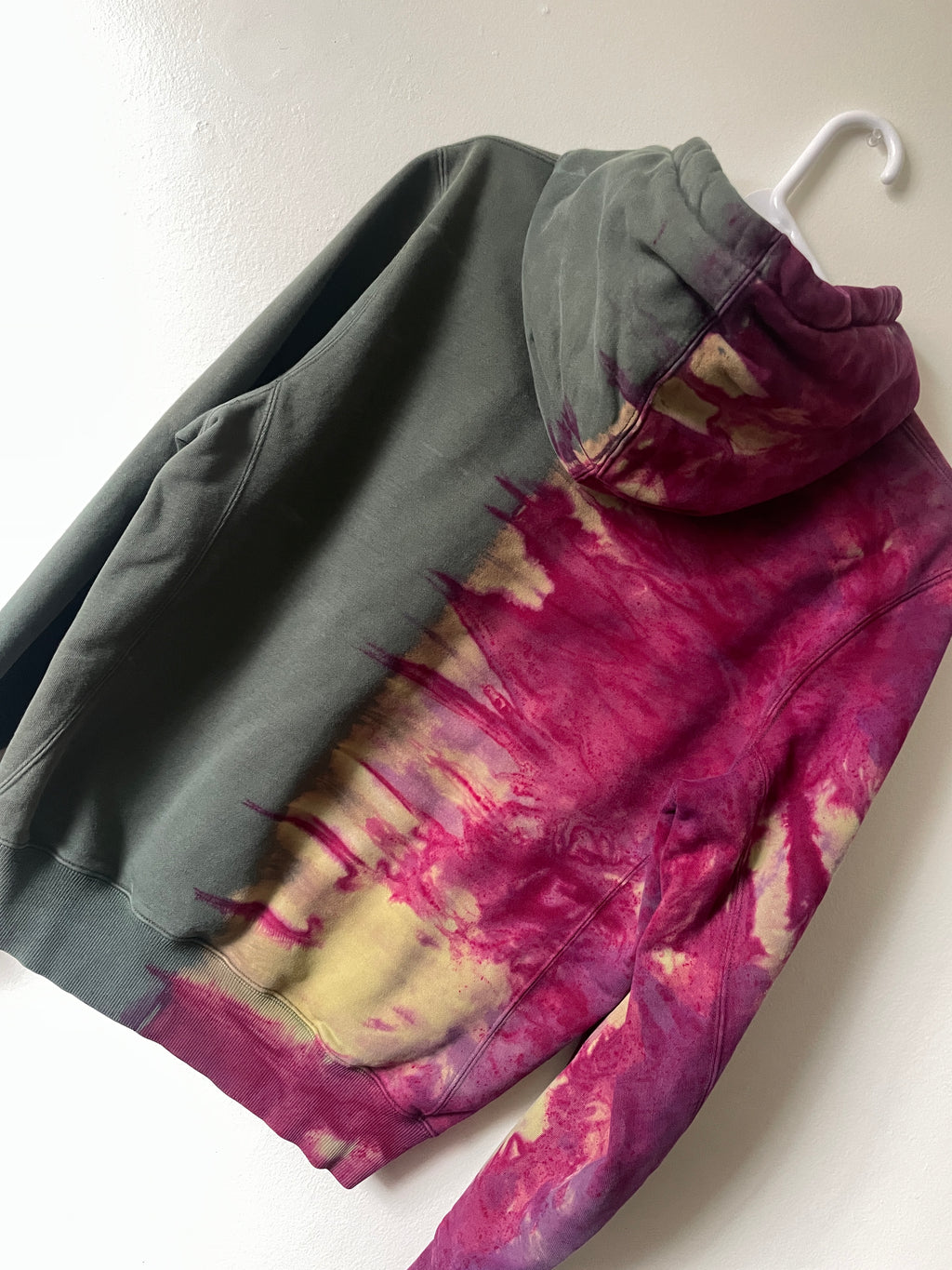 Medium Men's Champion Embroidered Tie Dye Long Sleeve Hoodie | One-Of-a-Kind Upcycled Half and Half Olive Green and Magenta Sweatshirt