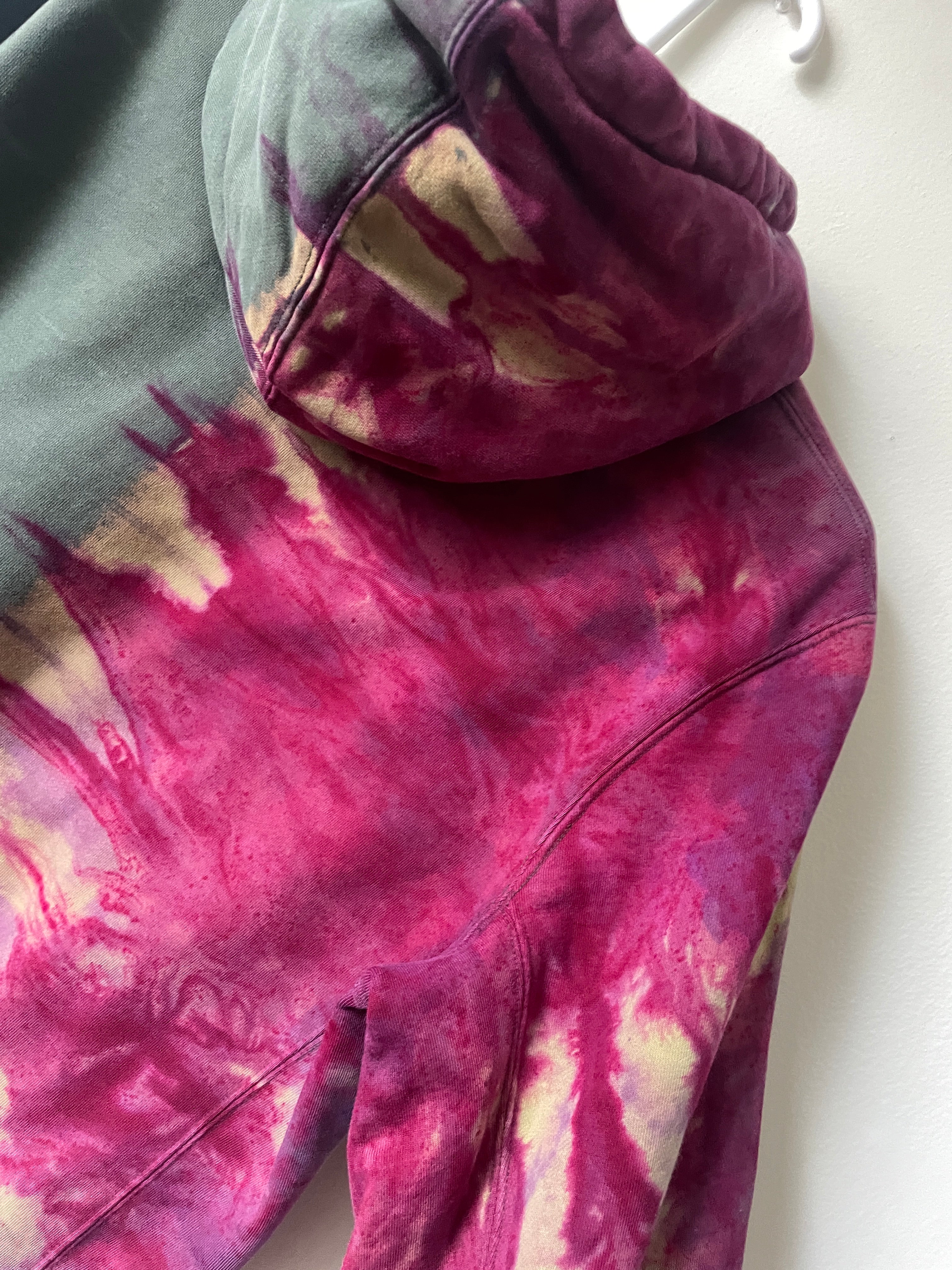 Medium Men's Champion Embroidered Tie Dye Long Sleeve Hoodie | One-Of-a-Kind Upcycled Half and Half Olive Green and Magenta Sweatshirt