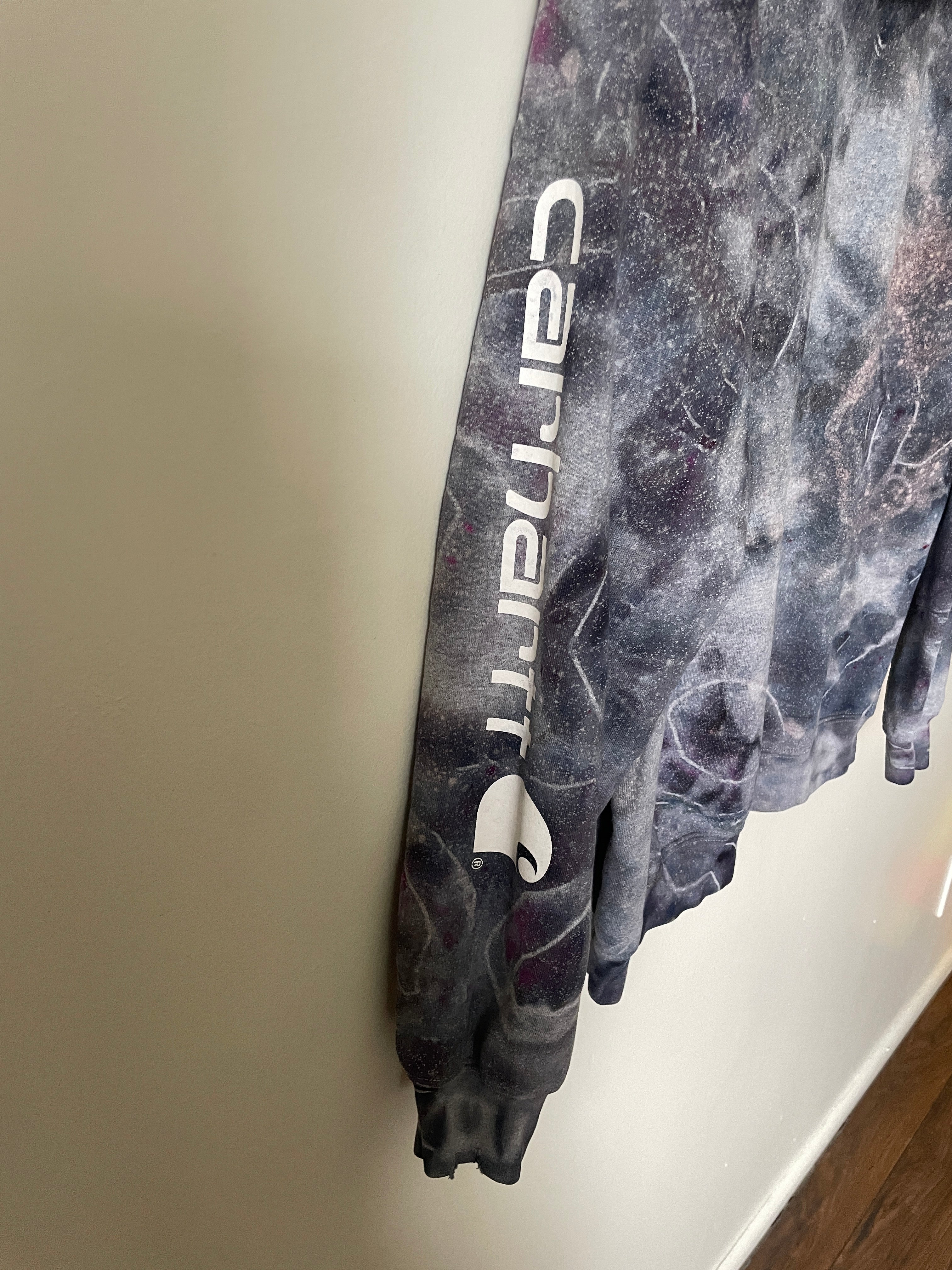 Medium Men's Carhartt Tie Dye Long Sleeve Hoodie | One-Of-a-Kind Upcycled Gray and Black Geode Sweatshirt