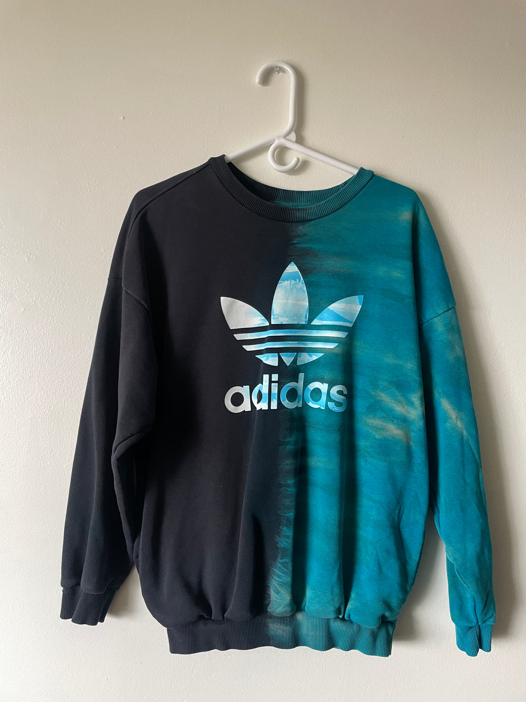 Large Men's adidas Reverse Tie Dye Long Sleeve Crewneck Sweatshirt | One-Of-a-Kind Upcycled Black and Blue Half-and-Half Sweatshirt