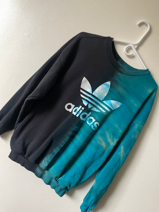 Large Men's adidas Reverse Tie Dye Long Sleeve Crewneck Sweatshirt | One-Of-a-Kind Upcycled Black and Blue Half-and-Half Sweatshirt