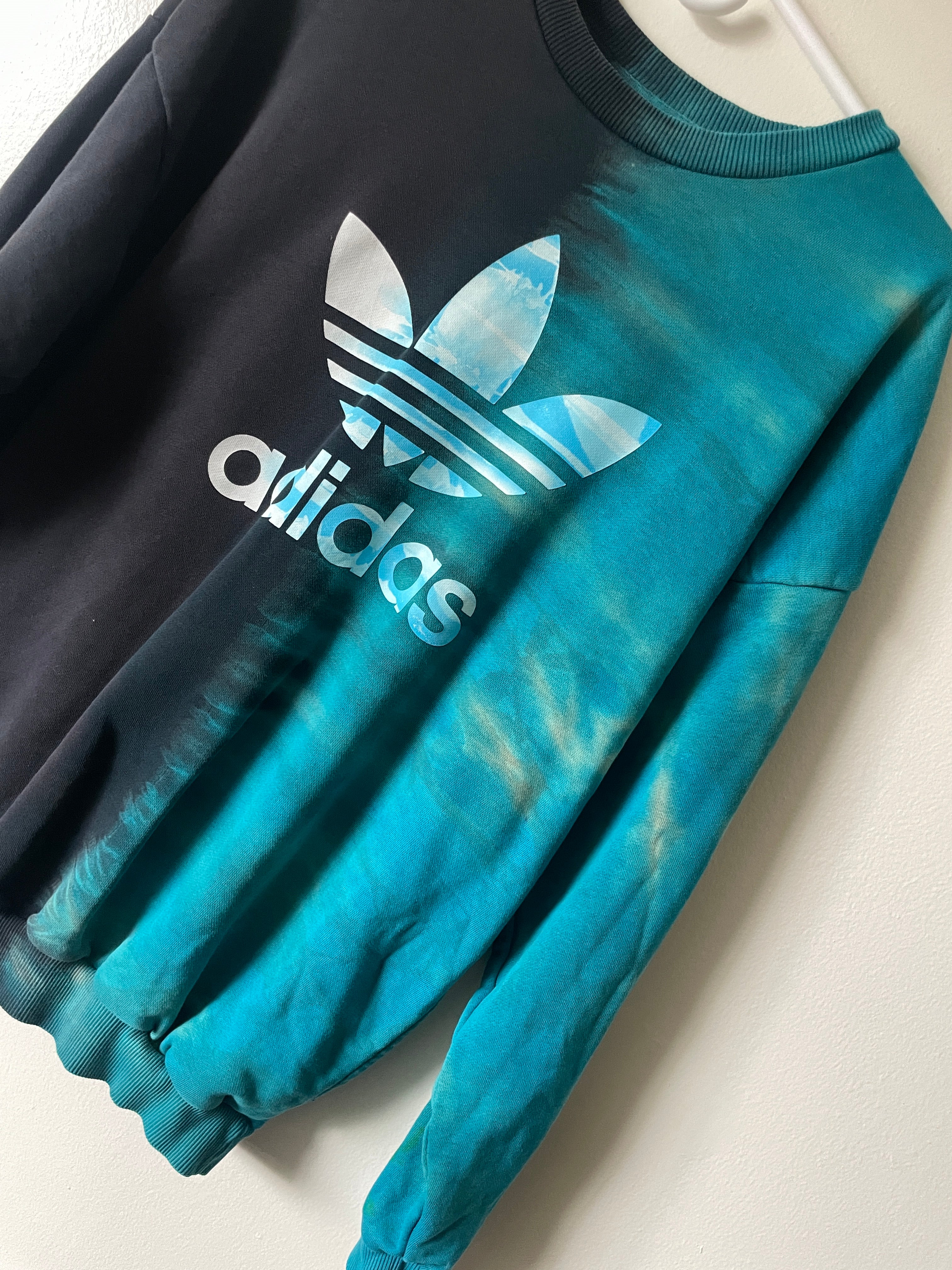 Large Men's adidas Reverse Tie Dye Long Sleeve Crewneck Sweatshirt | One-Of-a-Kind Upcycled Black and Blue Half-and-Half Sweatshirt