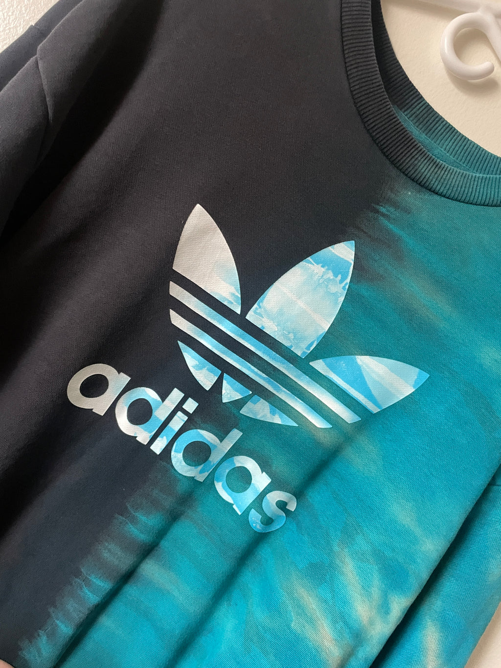 Large Men's adidas Reverse Tie Dye Long Sleeve Crewneck Sweatshirt | One-Of-a-Kind Upcycled Black and Blue Half-and-Half Sweatshirt