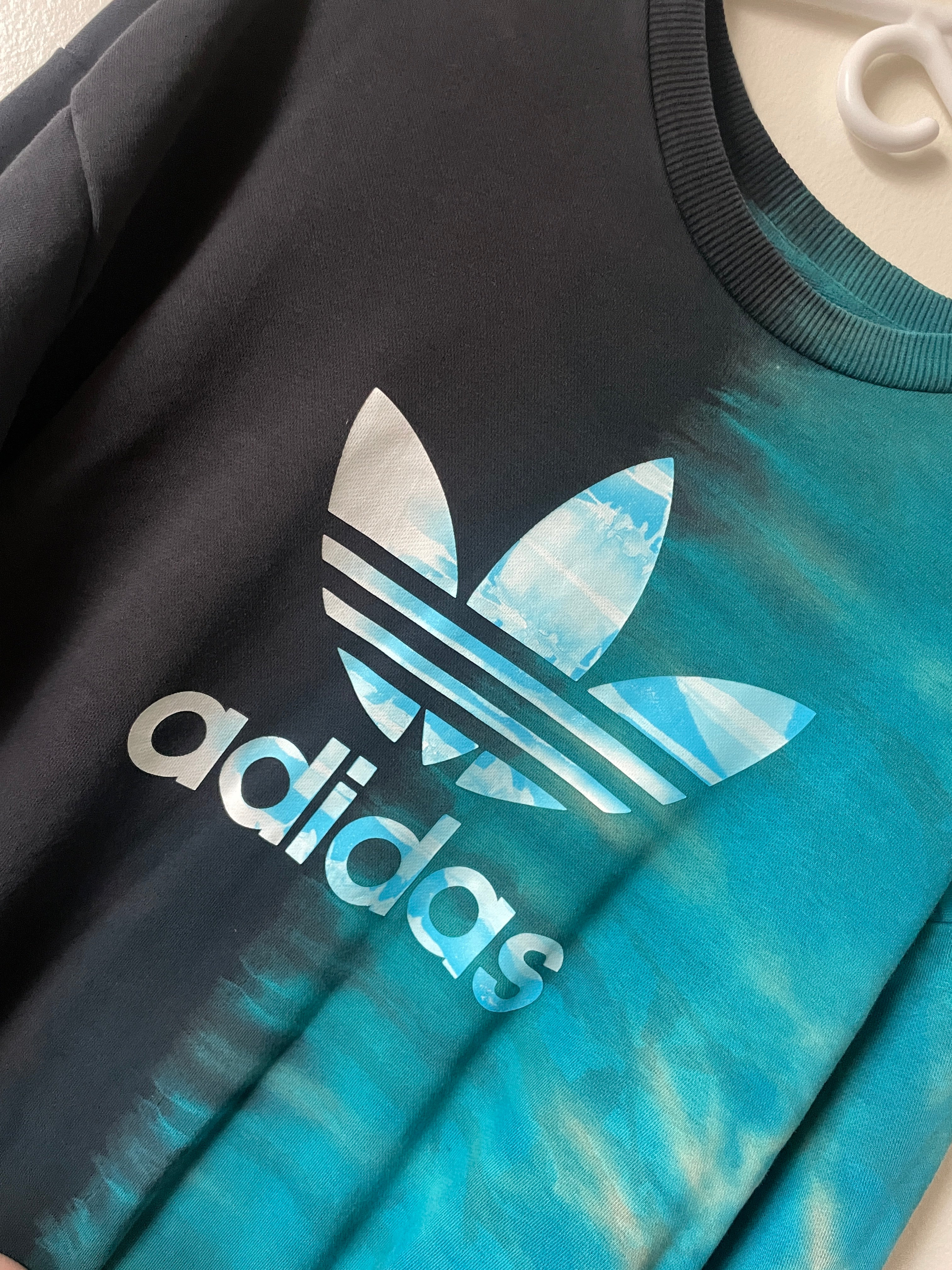 Large Men's adidas Reverse Tie Dye Long Sleeve Crewneck Sweatshirt | One-Of-a-Kind Upcycled Black and Blue Half-and-Half Sweatshirt