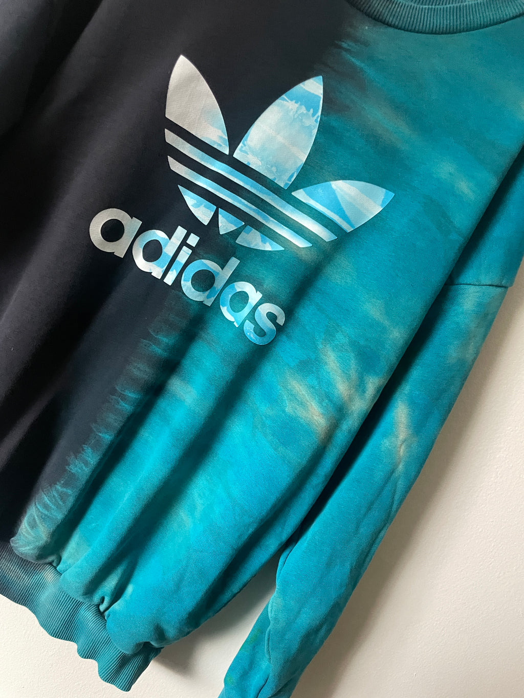 Large Men's adidas Reverse Tie Dye Long Sleeve Crewneck Sweatshirt | One-Of-a-Kind Upcycled Black and Blue Half-and-Half Sweatshirt