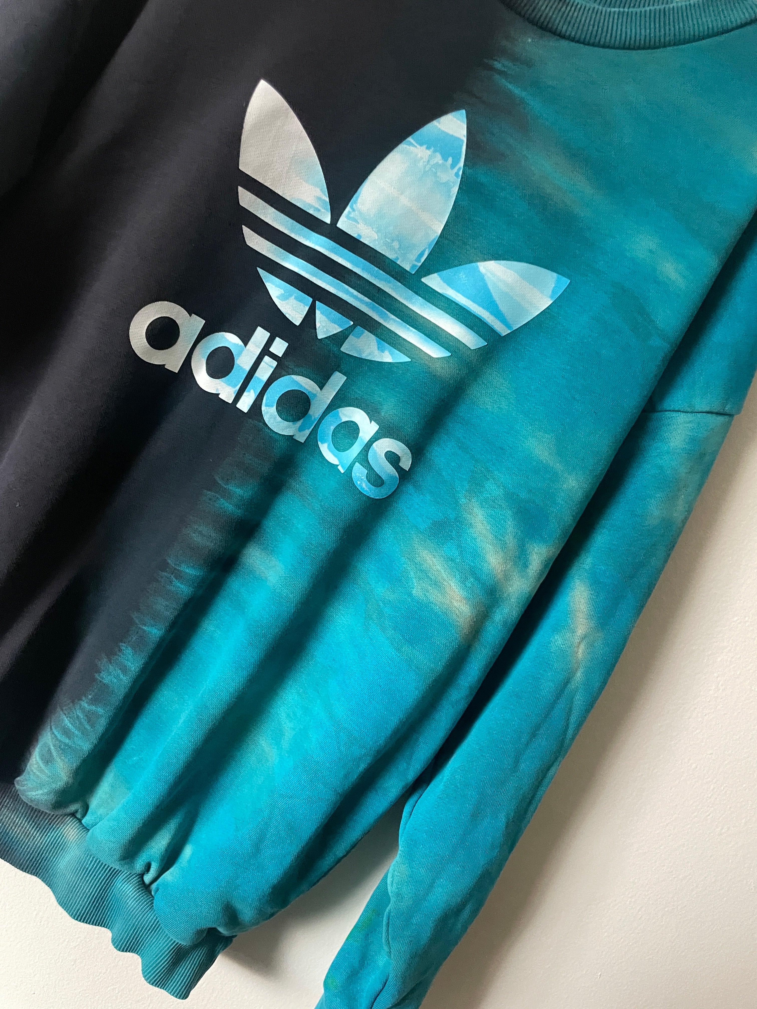 Large Men's adidas Reverse Tie Dye Long Sleeve Crewneck Sweatshirt | One-Of-a-Kind Upcycled Black and Blue Half-and-Half Sweatshirt