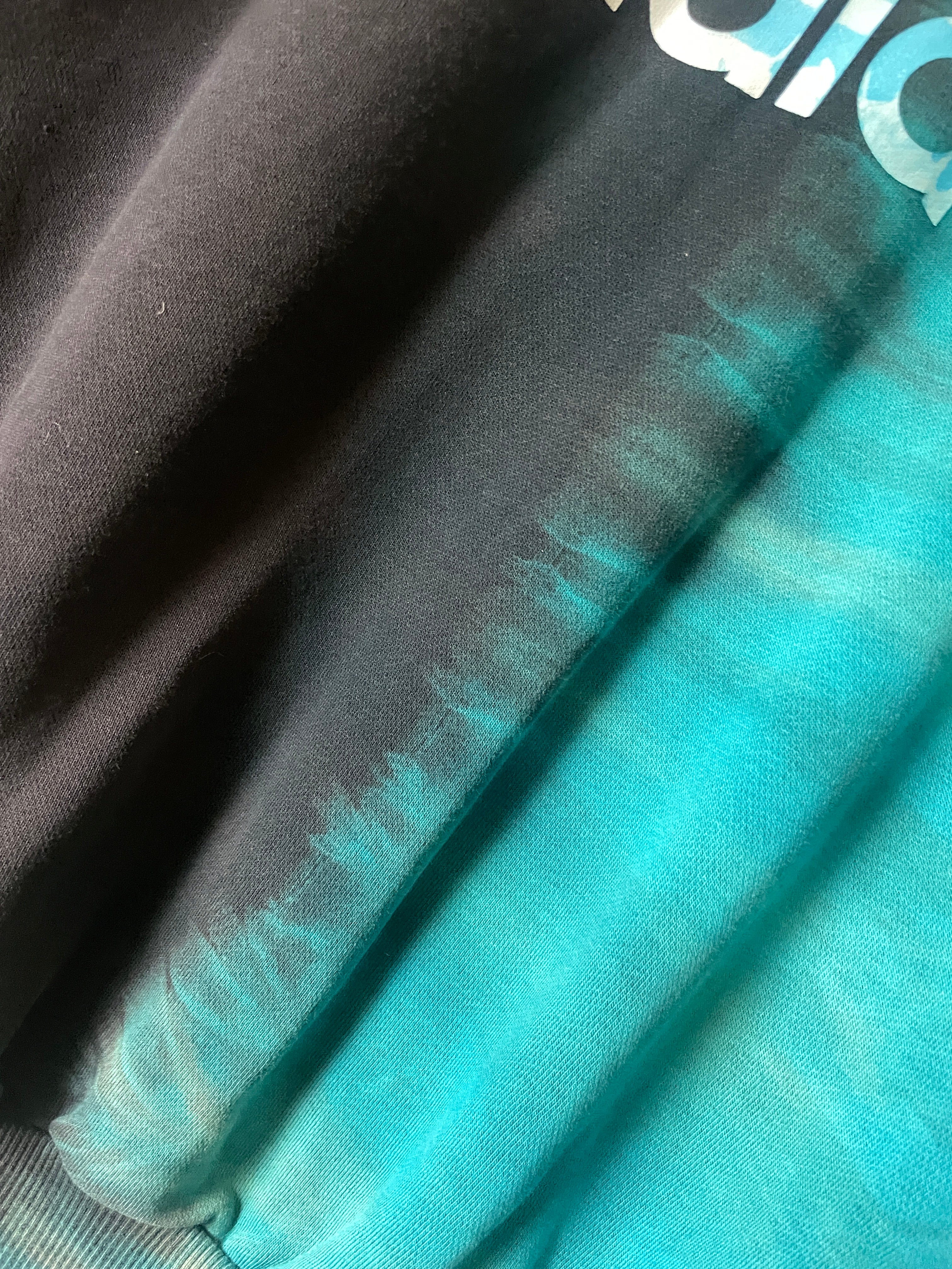 Large Men's adidas Reverse Tie Dye Long Sleeve Crewneck Sweatshirt | One-Of-a-Kind Upcycled Black and Blue Half-and-Half Sweatshirt