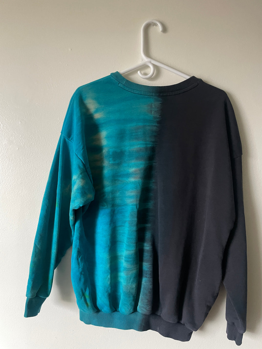 Large Men's adidas Reverse Tie Dye Long Sleeve Crewneck Sweatshirt | One-Of-a-Kind Upcycled Black and Blue Half-and-Half Sweatshirt