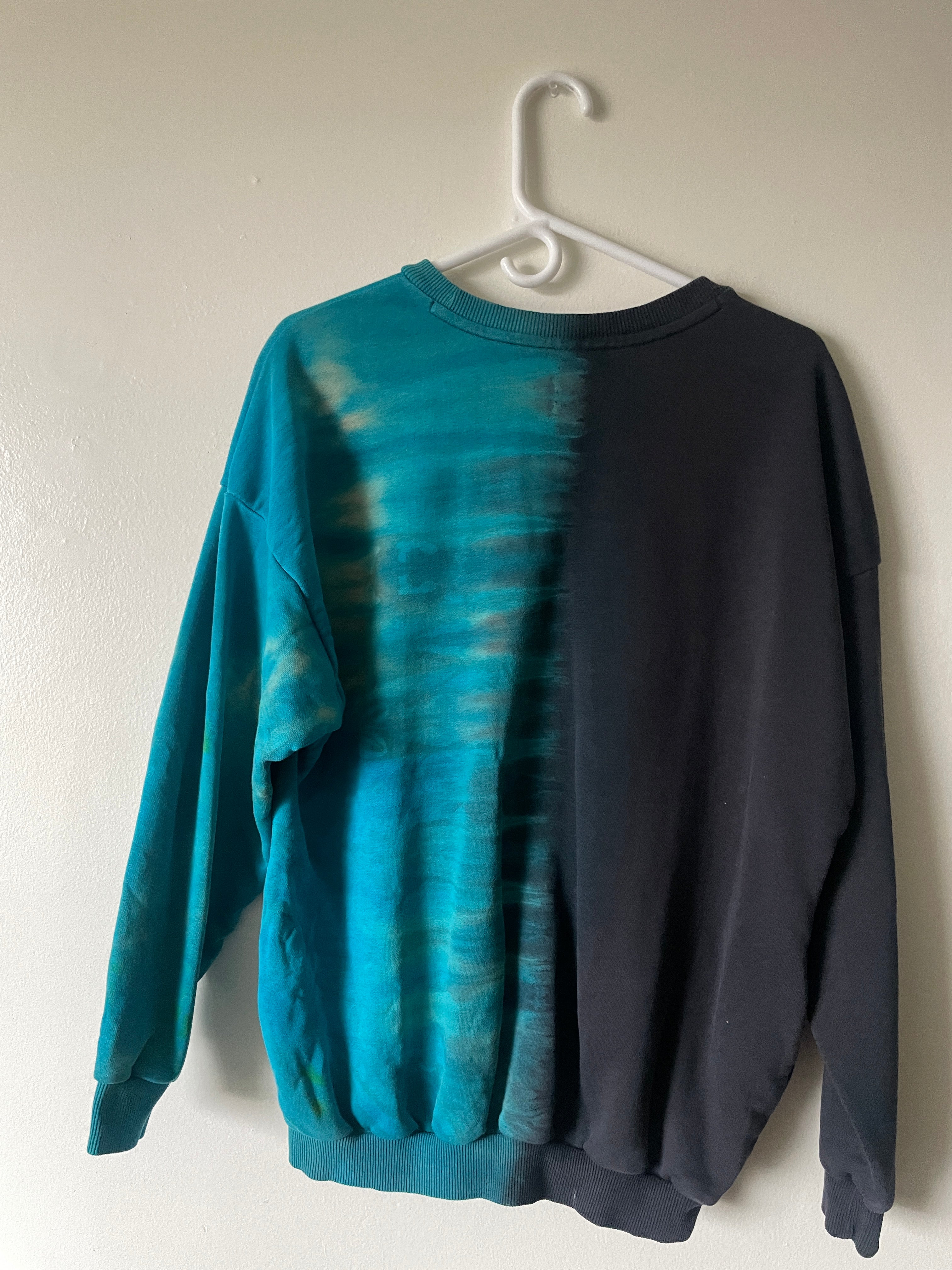 Large Men's adidas Reverse Tie Dye Long Sleeve Crewneck Sweatshirt | One-Of-a-Kind Upcycled Black and Blue Half-and-Half Sweatshirt