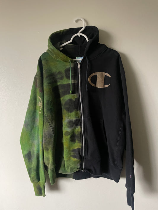 XL Men's Champion Tie Dye Full-Zip Long Sleeve Hoodie | One-Of-a-Kind Upcycled Half and Half Olive Black, Green, and Gold Sweatshirt