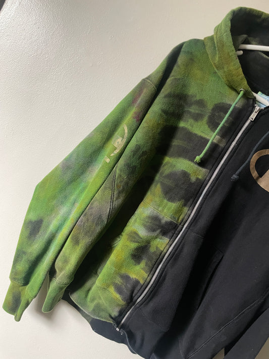 XL Men's Champion Tie Dye Full-Zip Long Sleeve Hoodie | One-Of-a-Kind Upcycled Half and Half Olive Black, Green, and Gold Sweatshirt