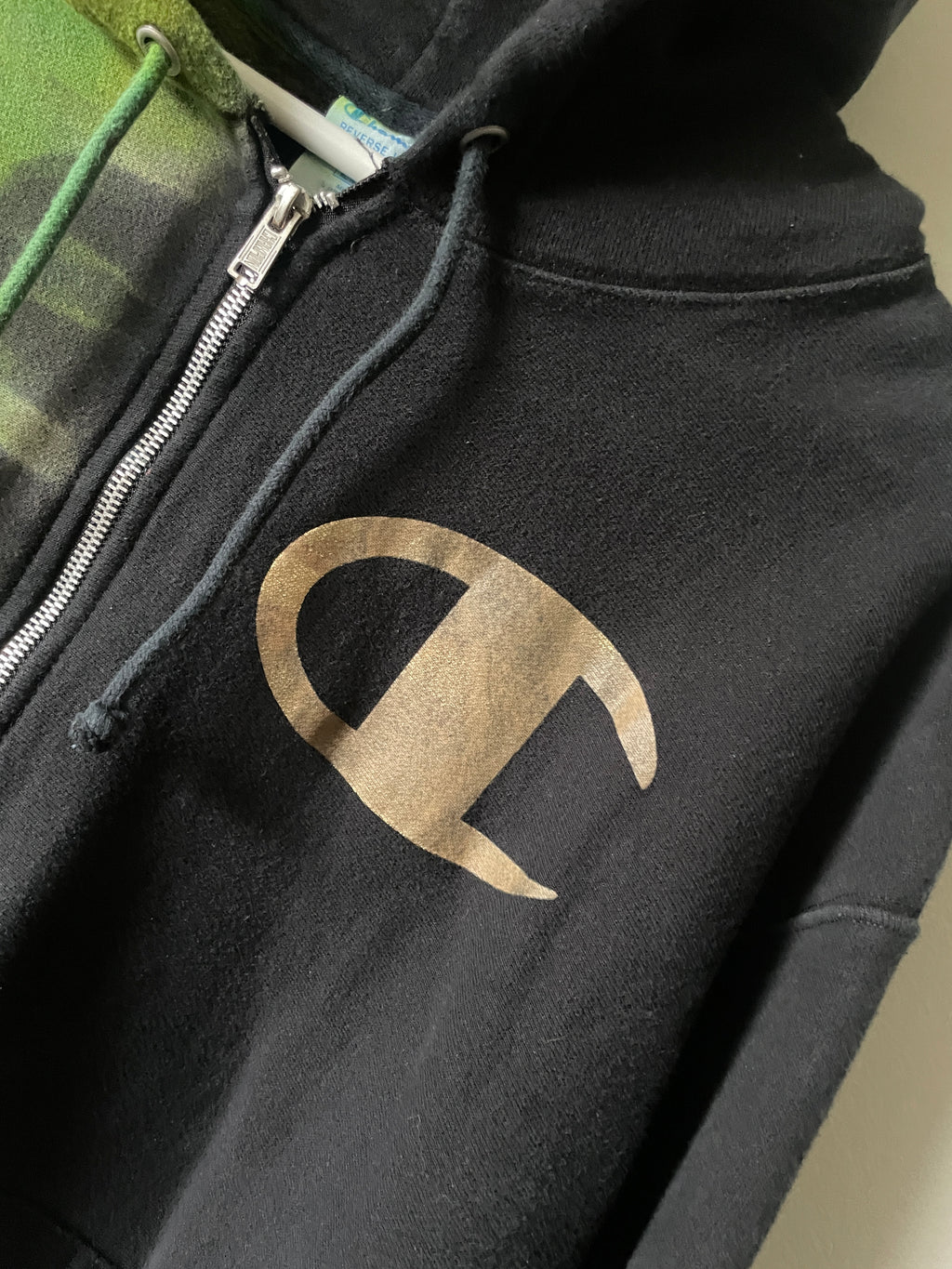 XL Men's Champion Tie Dye Full-Zip Long Sleeve Hoodie | One-Of-a-Kind Upcycled Half and Half Olive Black, Green, and Gold Sweatshirt