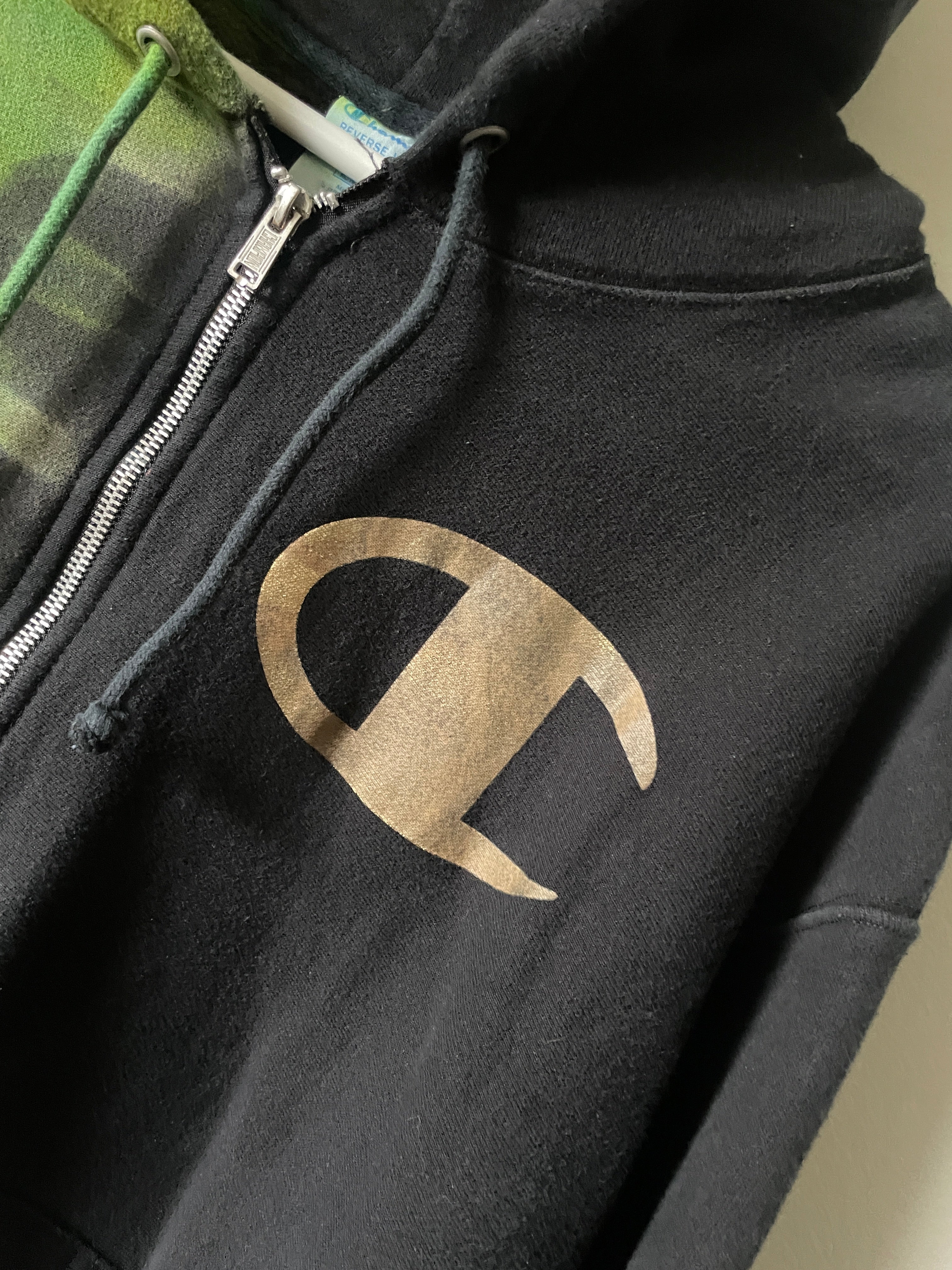 XL Men's Champion Tie Dye Full-Zip Long Sleeve Hoodie | One-Of-a-Kind Upcycled Half and Half Olive Black, Green, and Gold Sweatshirt