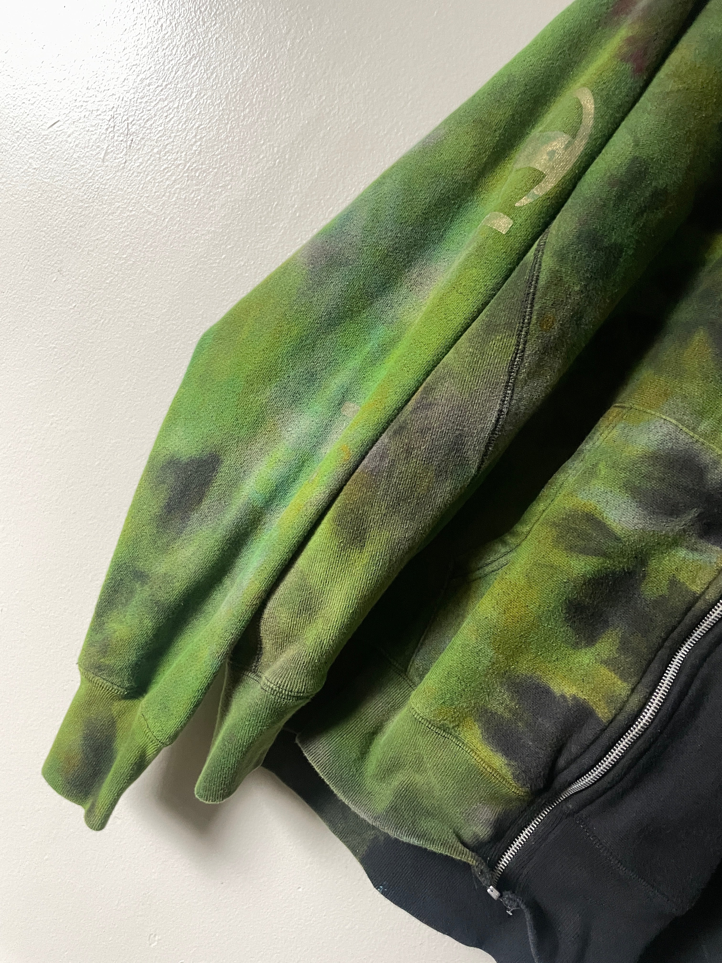 XL Men's Champion Tie Dye Full-Zip Long Sleeve Hoodie | One-Of-a-Kind Upcycled Half and Half Olive Black, Green, and Gold Sweatshirt
