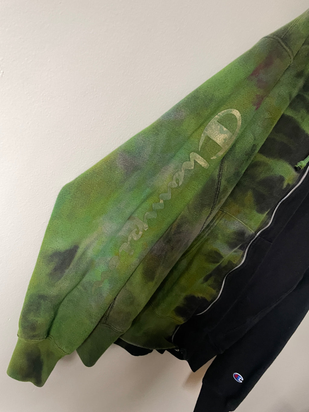 XL Men's Champion Tie Dye Full-Zip Long Sleeve Hoodie | One-Of-a-Kind Upcycled Half and Half Olive Black, Green, and Gold Sweatshirt