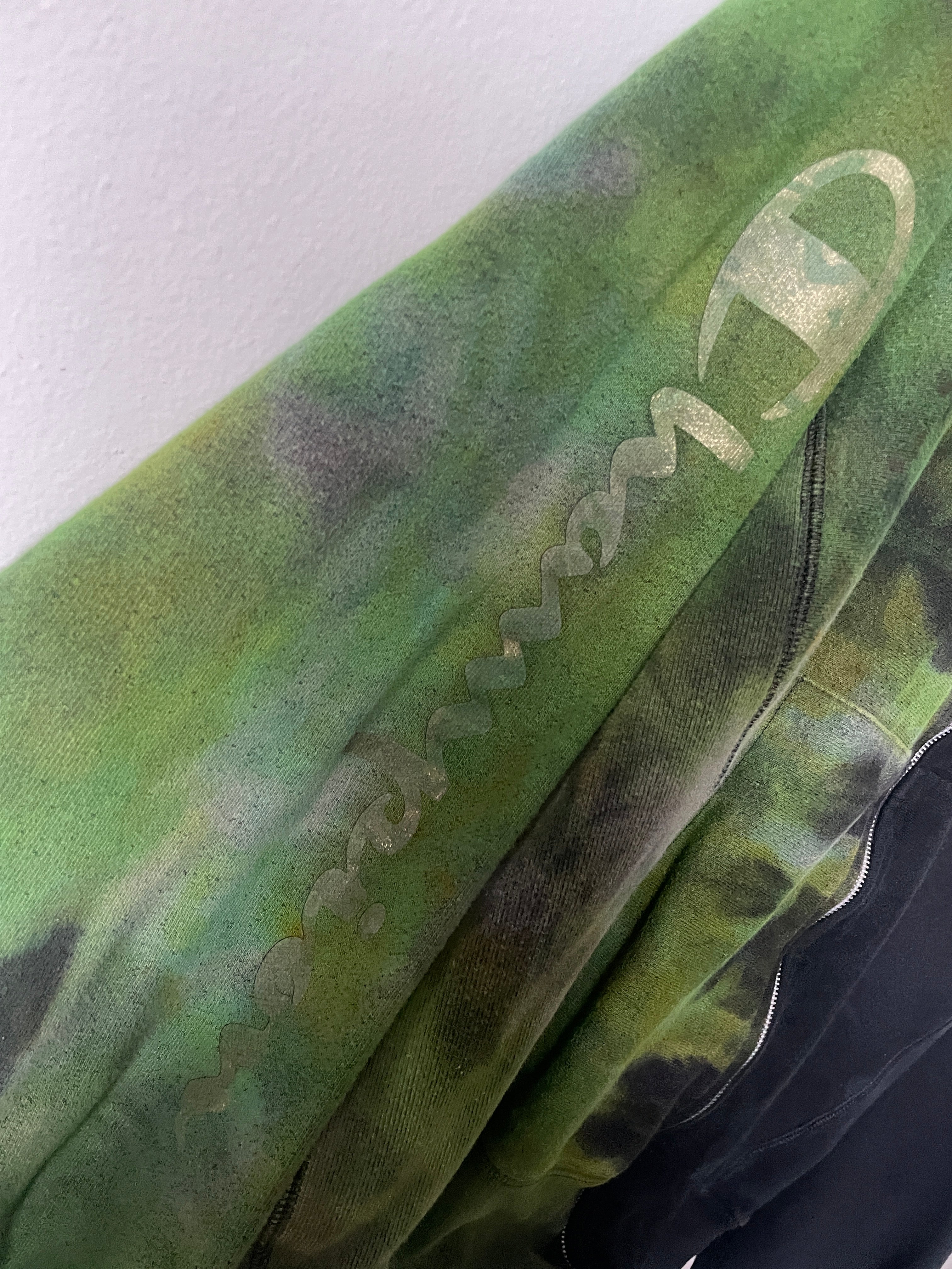 XL Men's Champion Tie Dye Full-Zip Long Sleeve Hoodie | One-Of-a-Kind Upcycled Half and Half Olive Black, Green, and Gold Sweatshirt