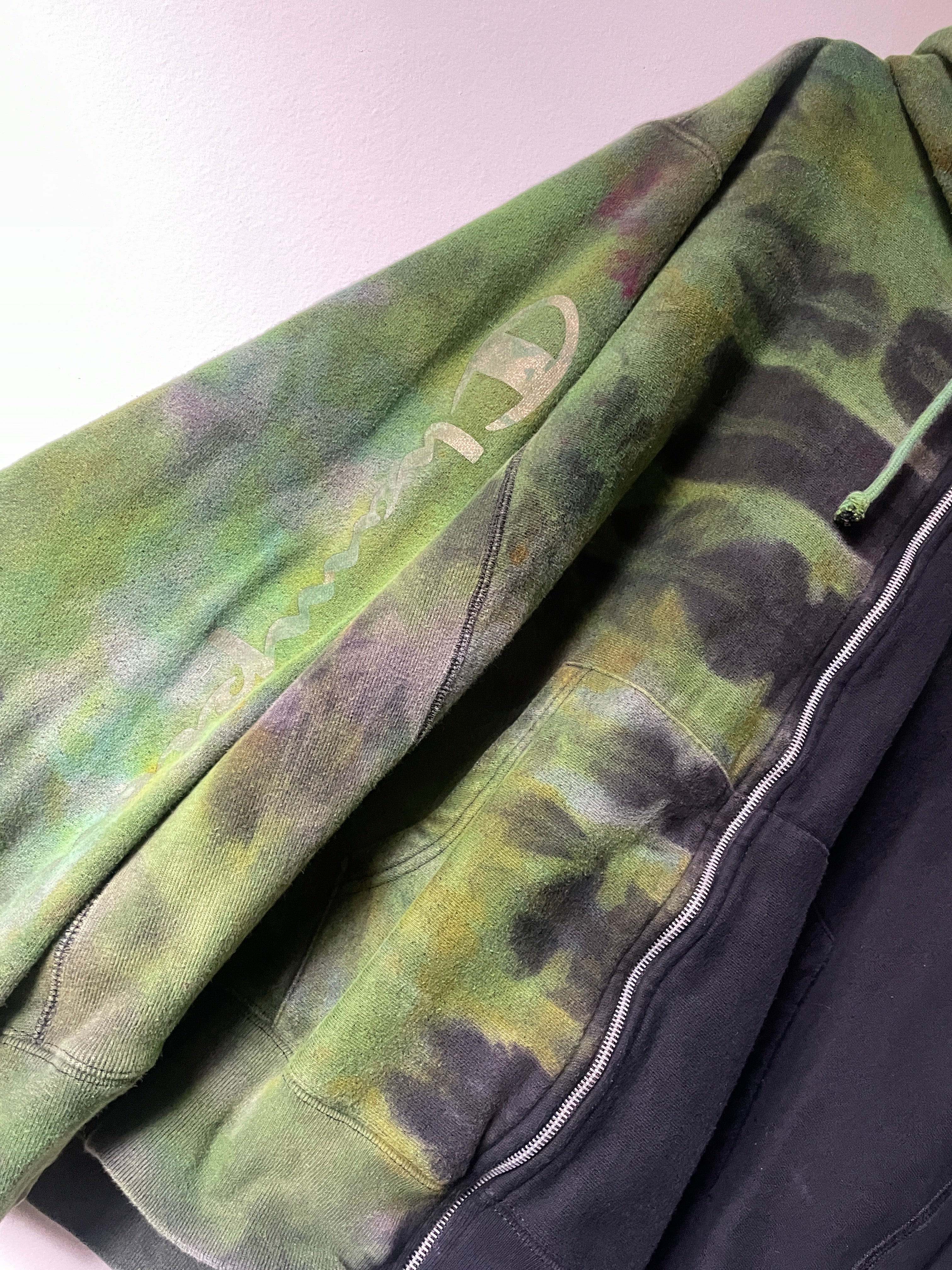 XL Men's Champion Tie Dye Full-Zip Long Sleeve Hoodie | One-Of-a-Kind Upcycled Half and Half Olive Black, Green, and Gold Sweatshirt