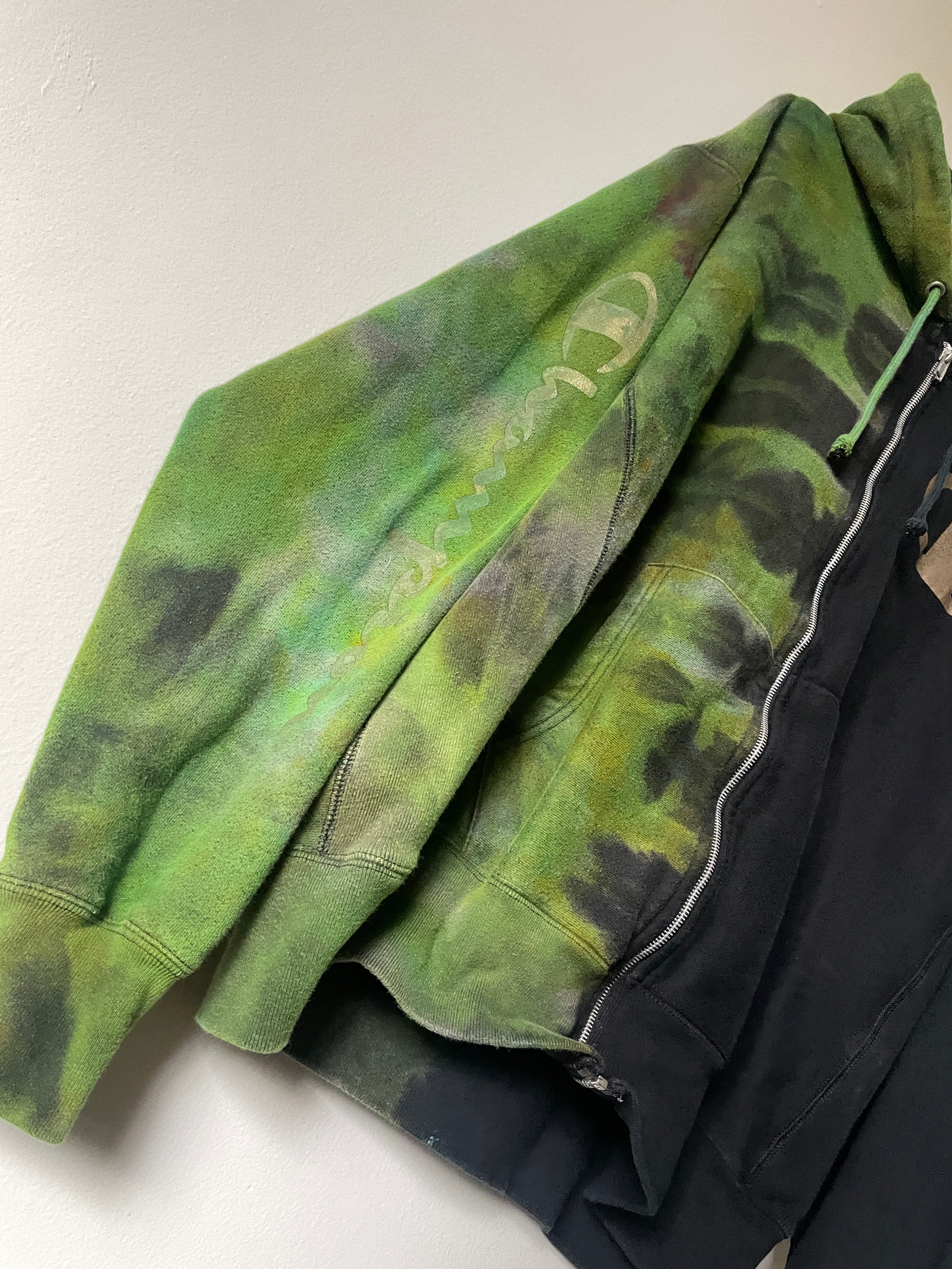 XL Men's Champion Tie Dye Full-Zip Long Sleeve Hoodie | One-Of-a-Kind Upcycled Half and Half Olive Black, Green, and Gold Sweatshirt