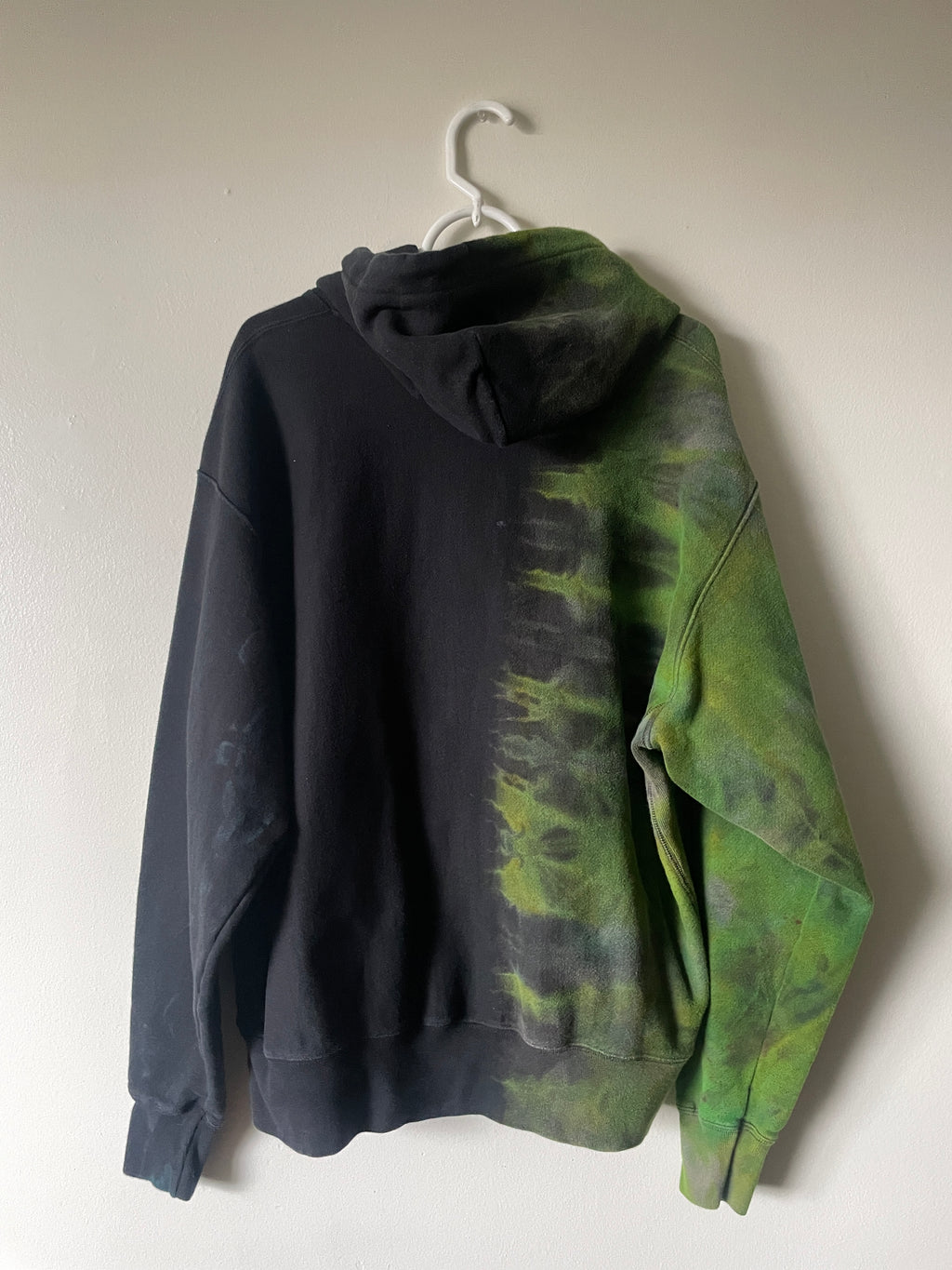 XL Men's Champion Tie Dye Full-Zip Long Sleeve Hoodie | One-Of-a-Kind Upcycled Half and Half Olive Black, Green, and Gold Sweatshirt