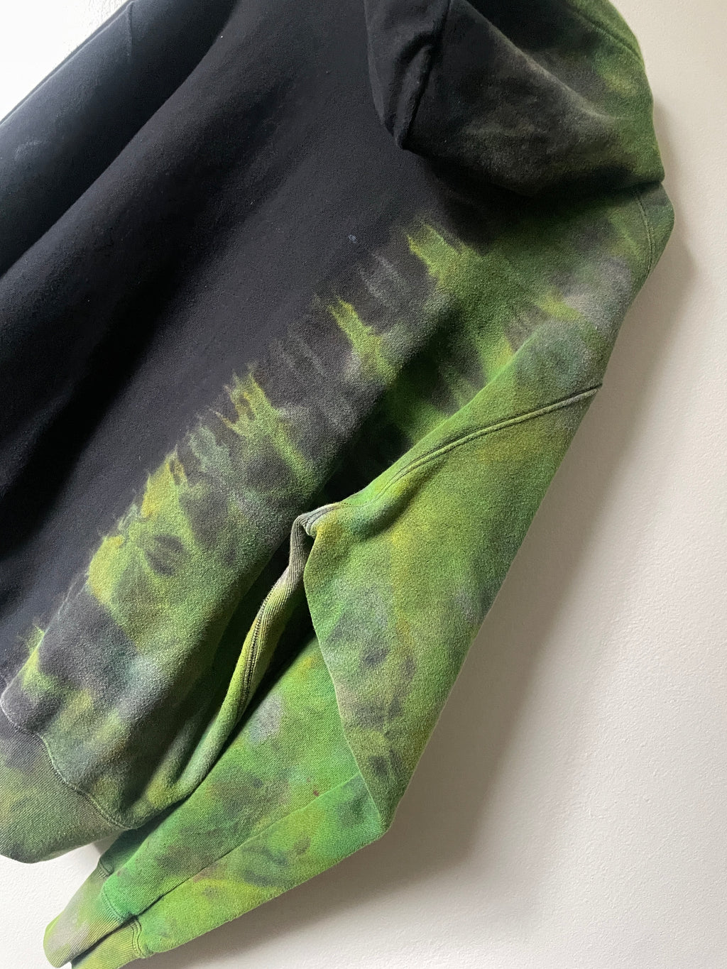 XL Men's Champion Tie Dye Full-Zip Long Sleeve Hoodie | One-Of-a-Kind Upcycled Half and Half Olive Black, Green, and Gold Sweatshirt
