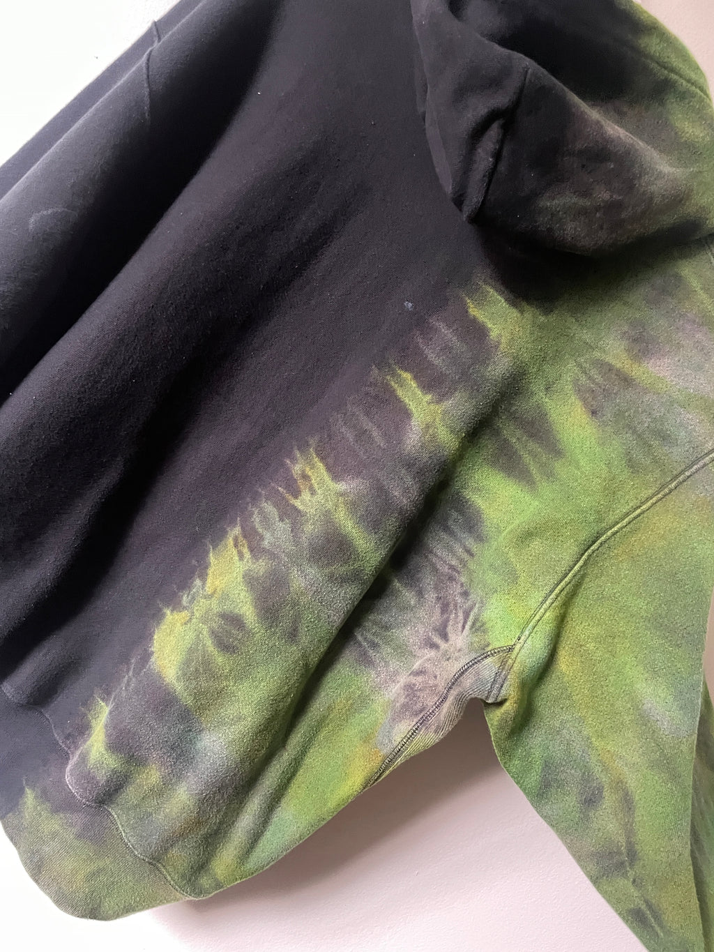 XL Men's Champion Tie Dye Full-Zip Long Sleeve Hoodie | One-Of-a-Kind Upcycled Half and Half Olive Black, Green, and Gold Sweatshirt