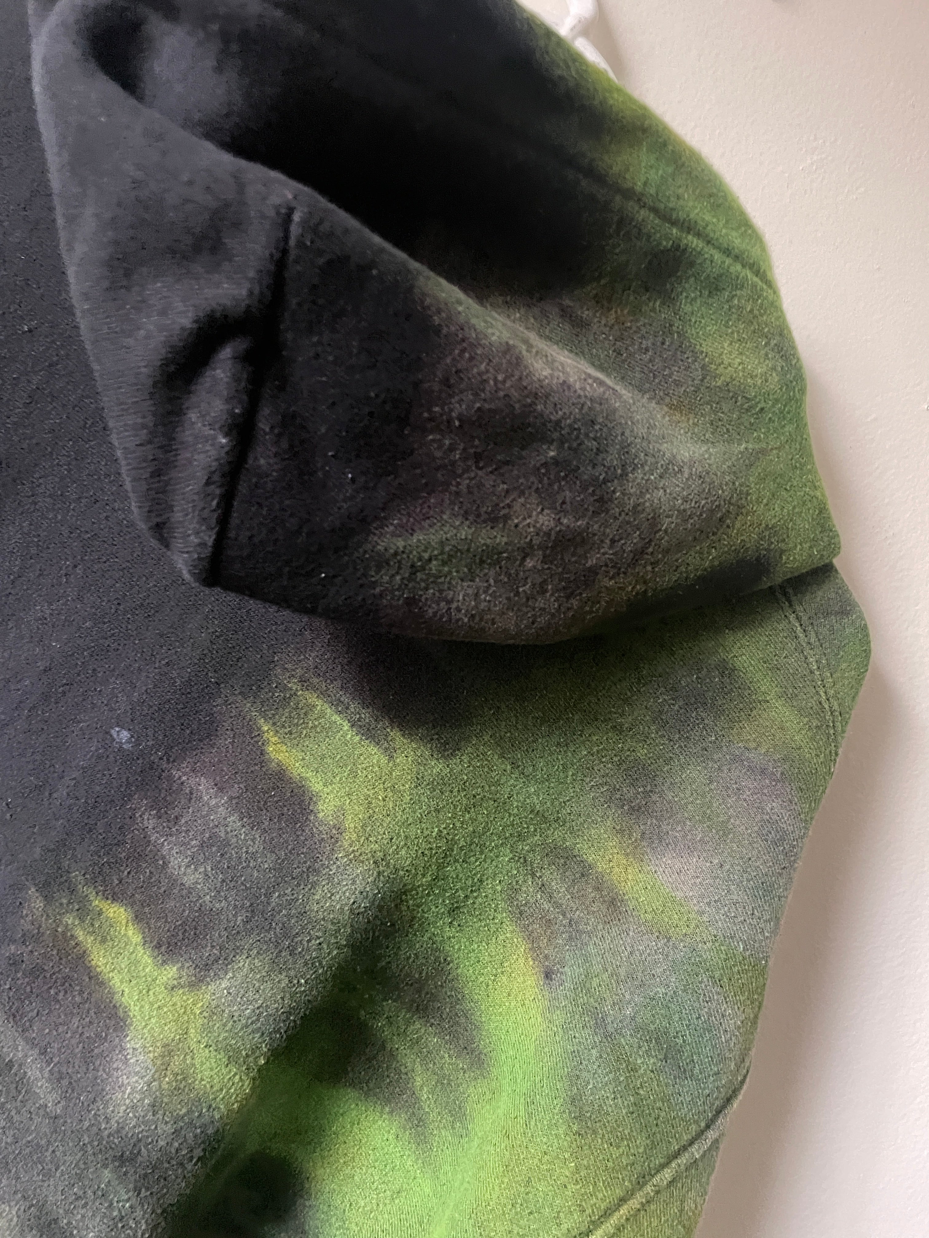 XL Men's Champion Tie Dye Full-Zip Long Sleeve Hoodie | One-Of-a-Kind Upcycled Half and Half Olive Black, Green, and Gold Sweatshirt