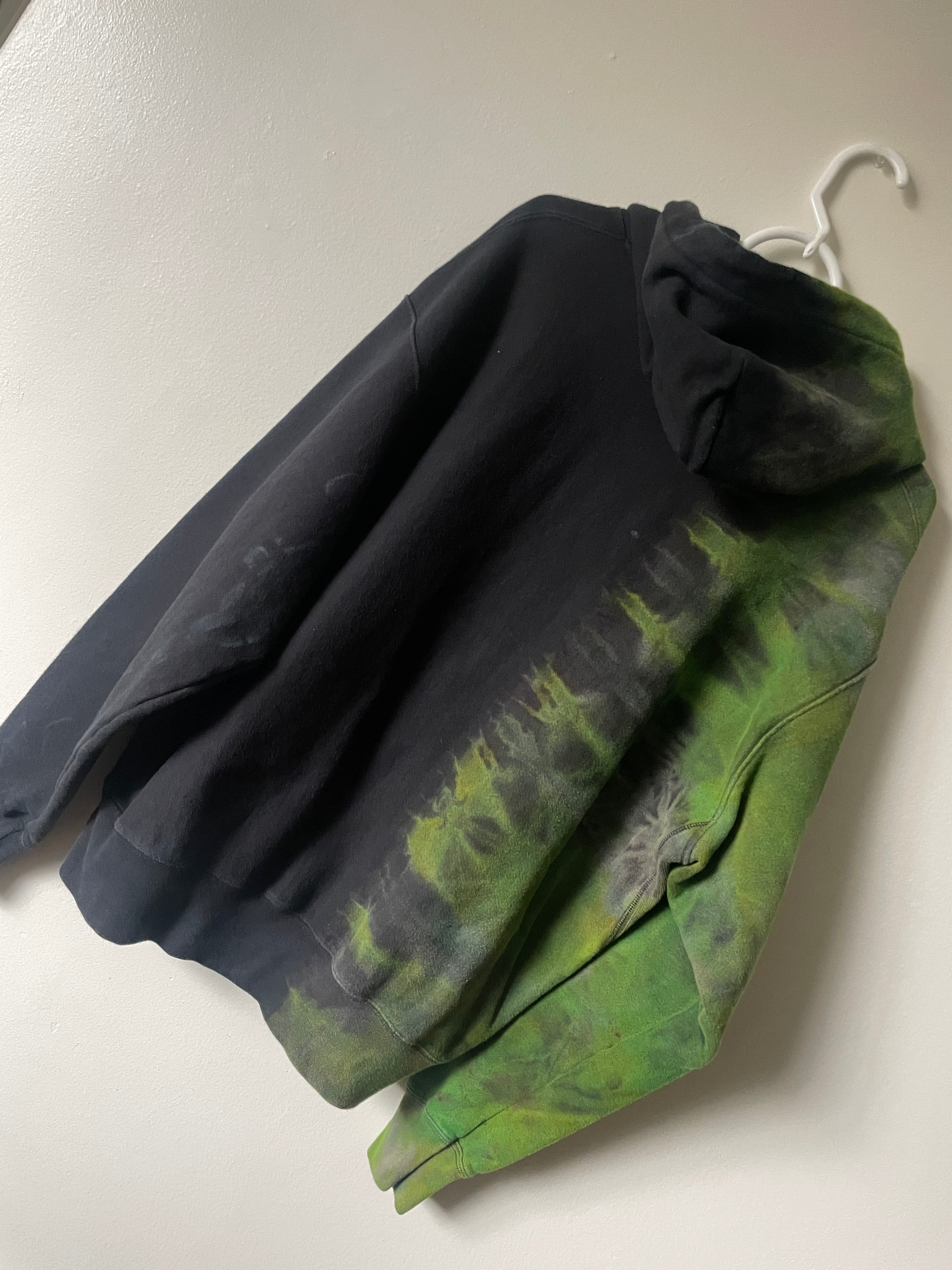 XL Men's Champion Tie Dye Full-Zip Long Sleeve Hoodie | One-Of-a-Kind Upcycled Half and Half Olive Black, Green, and Gold Sweatshirt