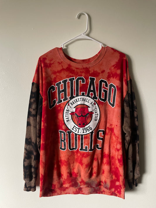 XL Men's Chicago Bulls Reverse Tie Dye Long Sleeve Lightweight Sweatshirt | One-Of-a-Kind Upcycled Red and Black Sweatshirt