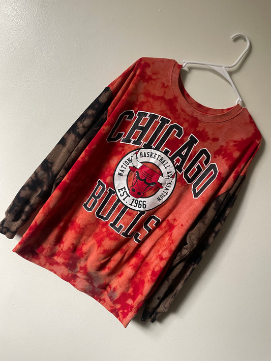 XL Men's Chicago Bulls Reverse Tie Dye Long Sleeve Lightweight Sweatshirt | One-Of-a-Kind Upcycled Red and Black Sweatshirt