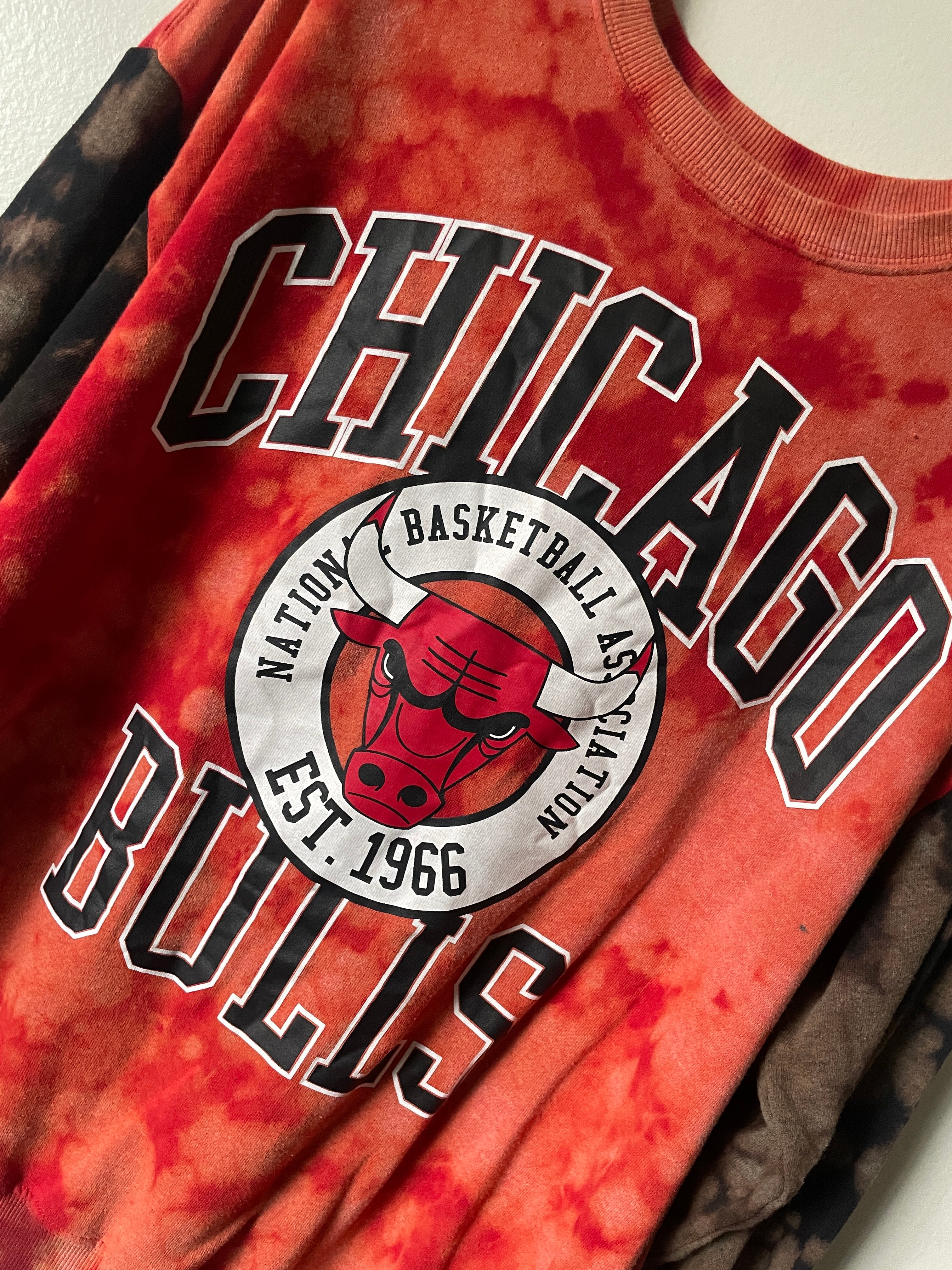 XL Men's Chicago Bulls Reverse Tie Dye Long Sleeve Lightweight Sweatshirt | One-Of-a-Kind Upcycled Red and Black Sweatshirt