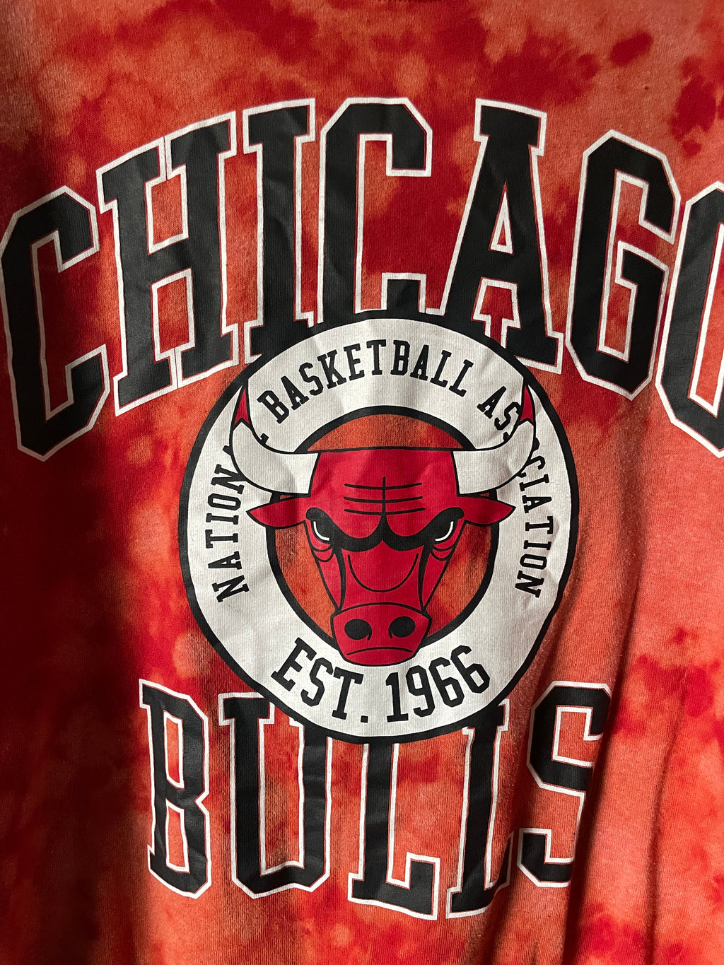 XL Men's Chicago Bulls Reverse Tie Dye Long Sleeve Lightweight Sweatshirt | One-Of-a-Kind Upcycled Red and Black Sweatshirt