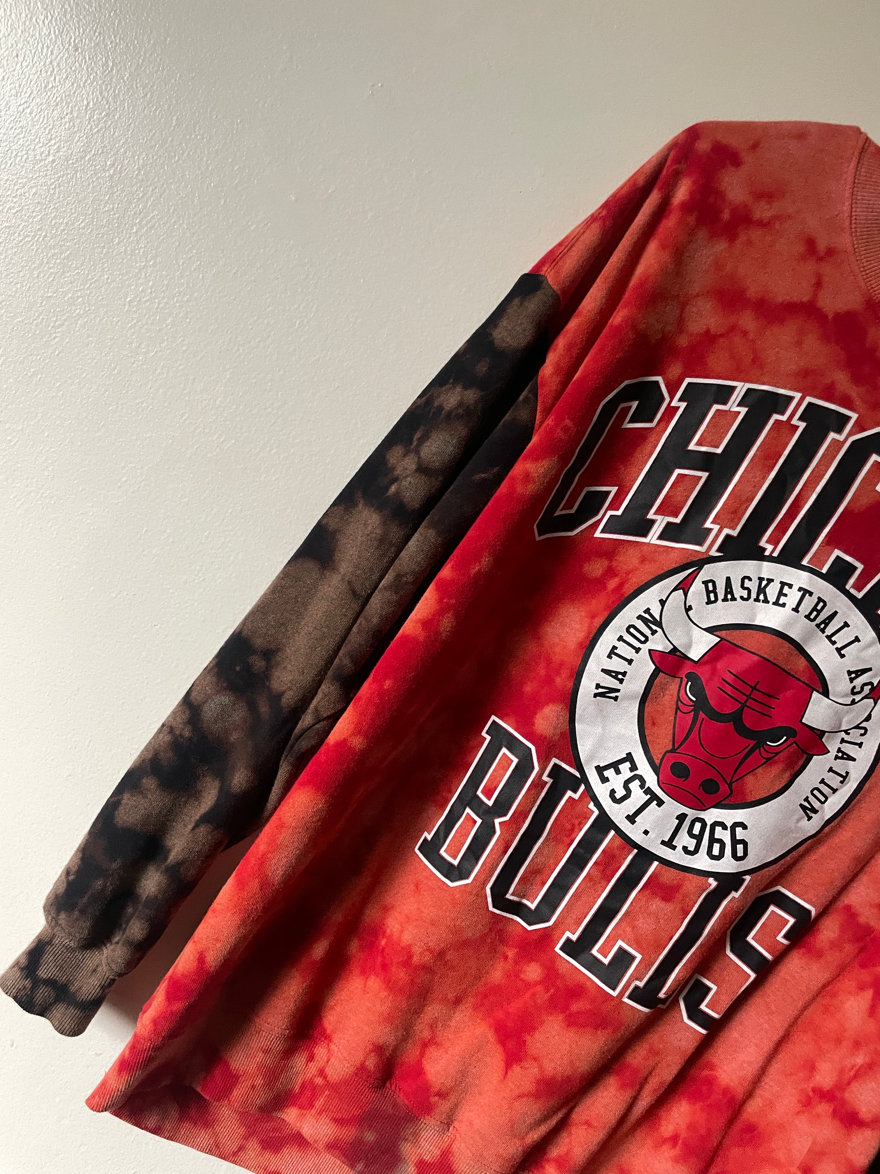 XL Men's Chicago Bulls Reverse Tie Dye Long Sleeve Lightweight Sweatshirt | One-Of-a-Kind Upcycled Red and Black Sweatshirt