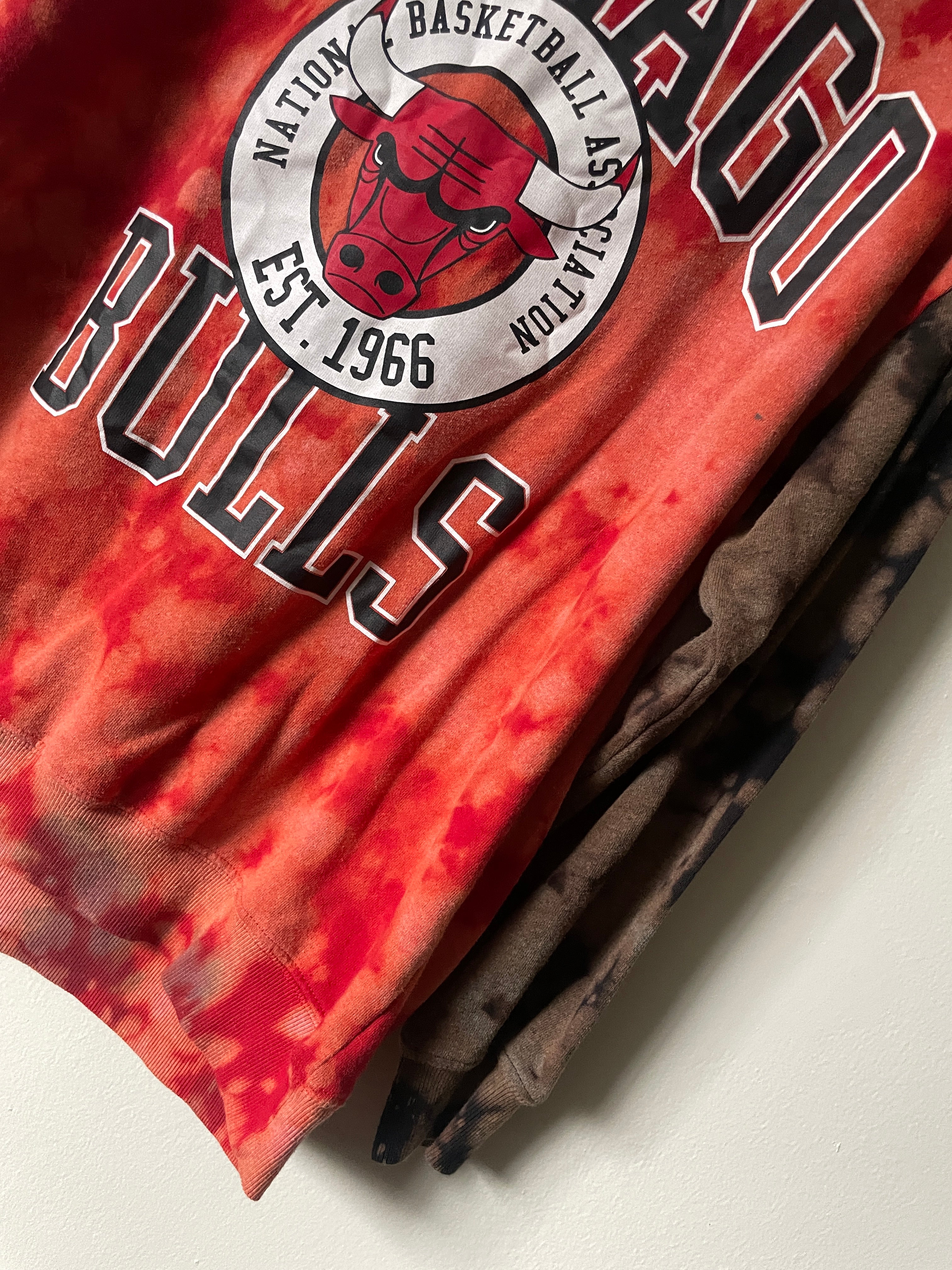 XL Men's Chicago Bulls Reverse Tie Dye Long Sleeve Lightweight Sweatshirt | One-Of-a-Kind Upcycled Red and Black Sweatshirt