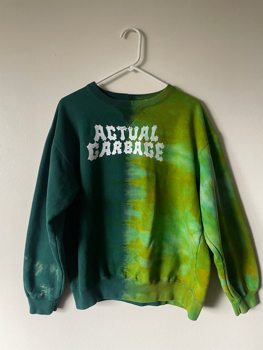 Medium Men's Actual Garbage Reverse Tie Dye Long Sleeve Crewneck Sweatshirt | One-Of-a-Kind Upcycled Green and White Sweatshirt