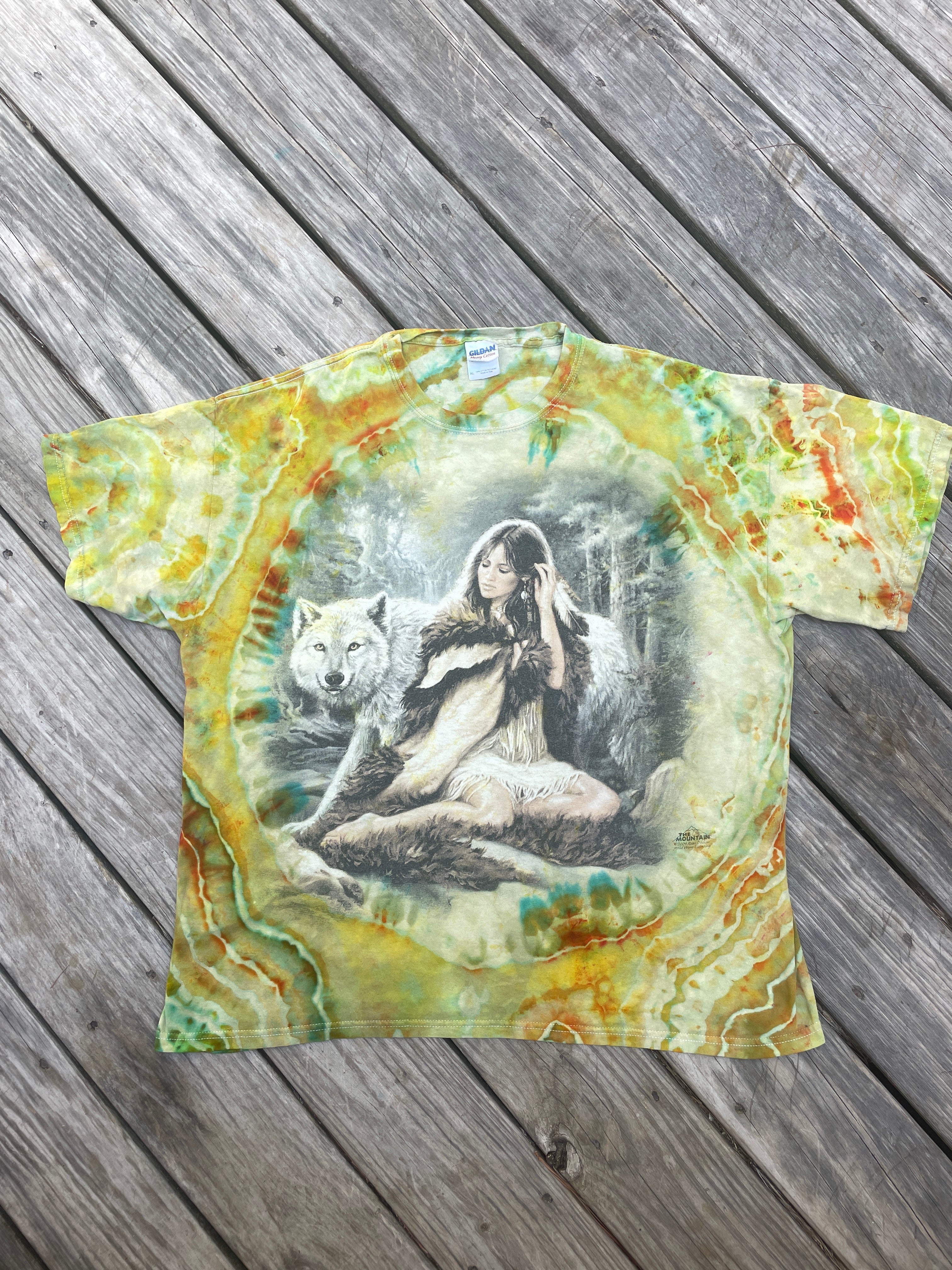 Mother Nature Green and Orange Geode Short Sleeve Tie Dye T-Shirt | Men's XL