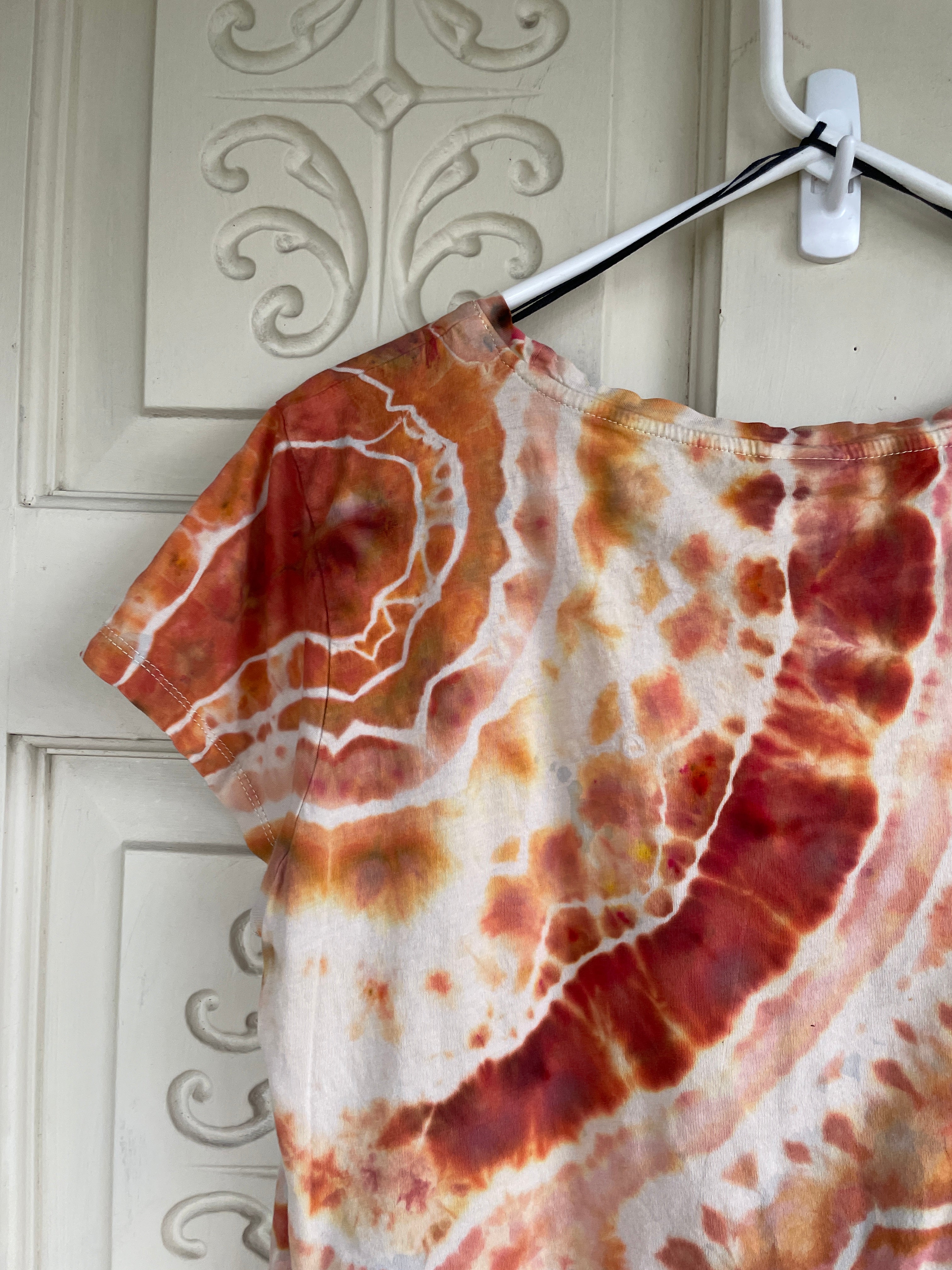 Medium Women's Delicate Arch Handmade Geode Tie Dye T-Shirt | One-Of-a-Kind Upcycled Orange and White Earth Tones Short Sleeve Shirt