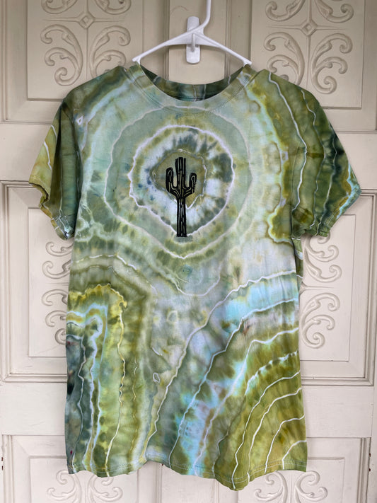 Medium Men's Saguaro Cactus Handmade Geode Tie Dye T-Shirt | One-Of-a-Kind Upcycled Green and White Earth Tones Short Sleeve Shirt