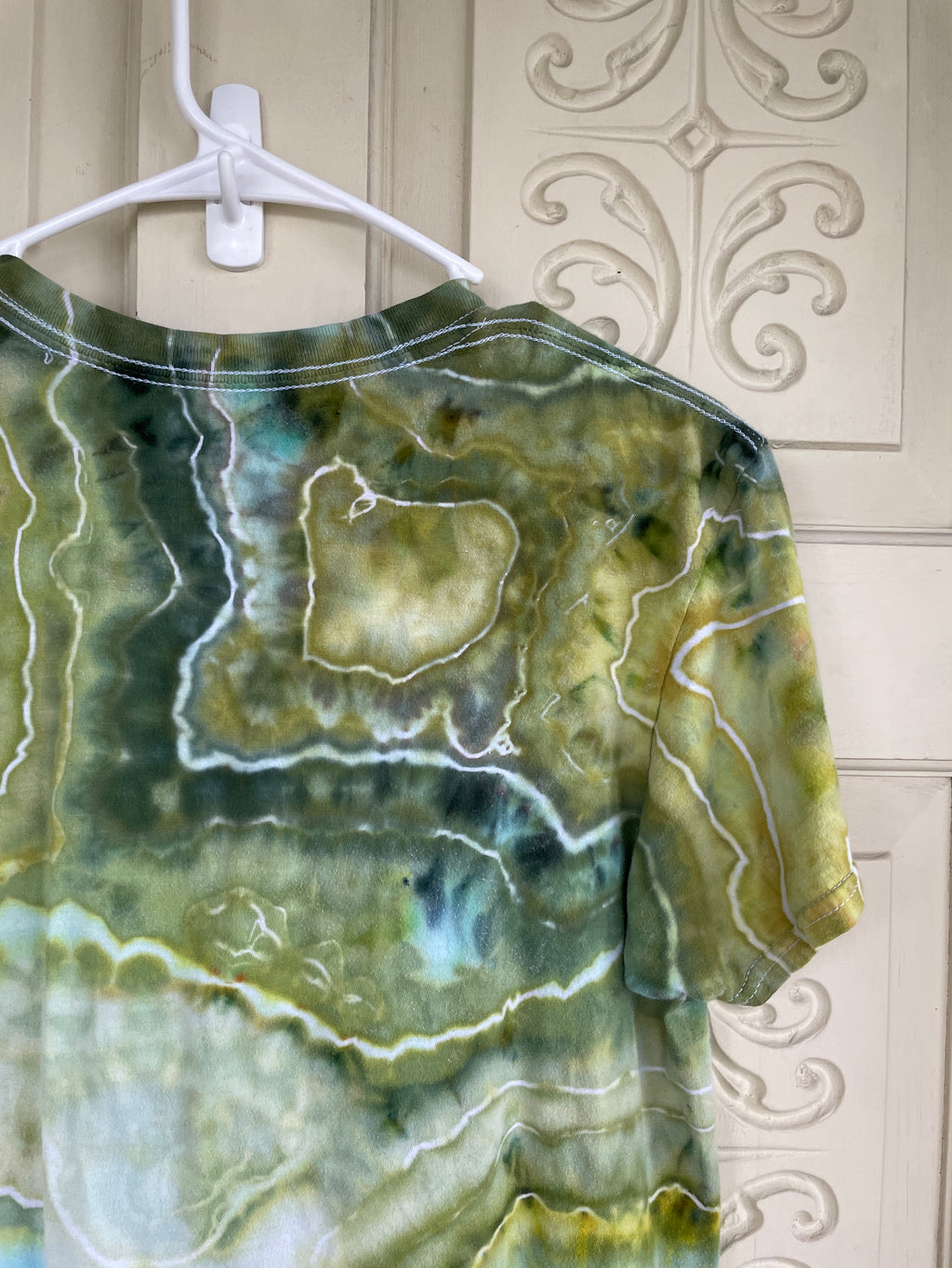 Medium Men's Saguaro Cactus Handmade Geode Tie Dye T-Shirt | One-Of-a-Kind Upcycled Green and White Earth Tones Short Sleeve Shirt