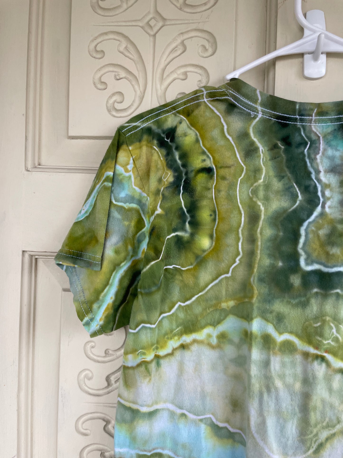 Medium Men's Saguaro Cactus Handmade Geode Tie Dye T-Shirt | One-Of-a-Kind Upcycled Green and White Earth Tones Short Sleeve Shirt