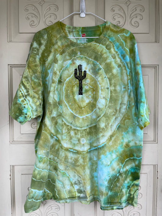 2XL Men's Saguaro Cactus Handmade Geode Tie Dye T-Shirt | One-Of-a-Kind Upcycled Green and White Earth Tones Short Sleeve Shirt