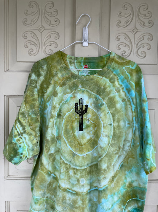 2XL Men's Saguaro Cactus Handmade Geode Tie Dye T-Shirt | One-Of-a-Kind Upcycled Green and White Earth Tones Short Sleeve Shirt