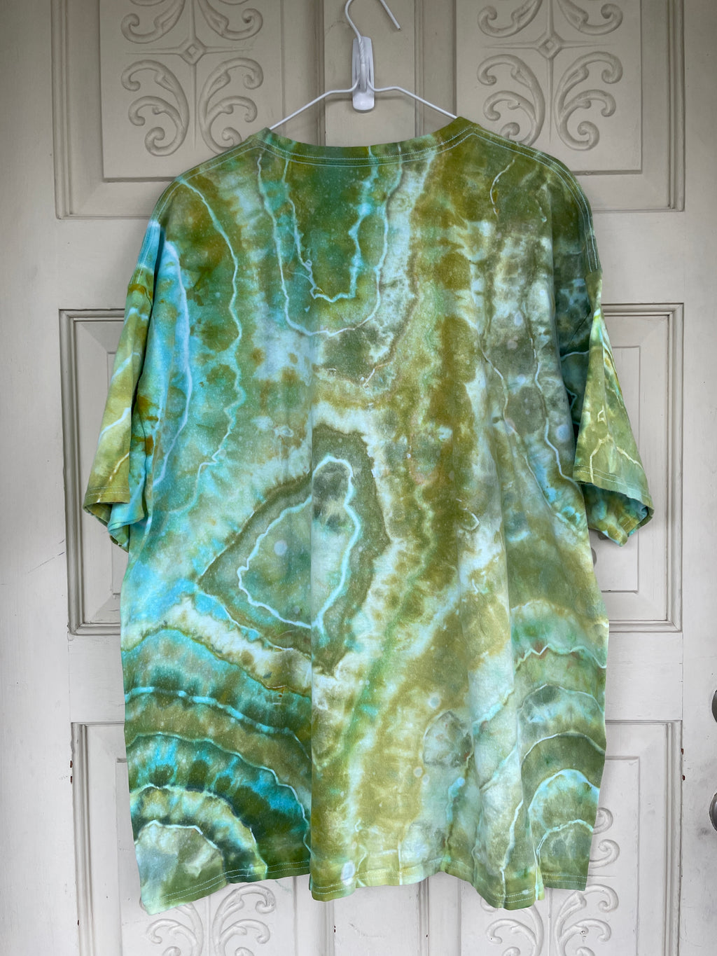 2XL Men's Saguaro Cactus Handmade Geode Tie Dye T-Shirt | One-Of-a-Kind Upcycled Green and White Earth Tones Short Sleeve Shirt