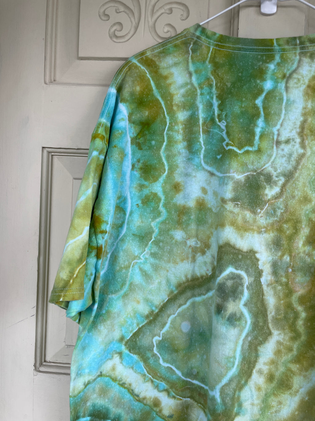 2XL Men's Saguaro Cactus Handmade Geode Tie Dye T-Shirt | One-Of-a-Kind Upcycled Green and White Earth Tones Short Sleeve Shirt