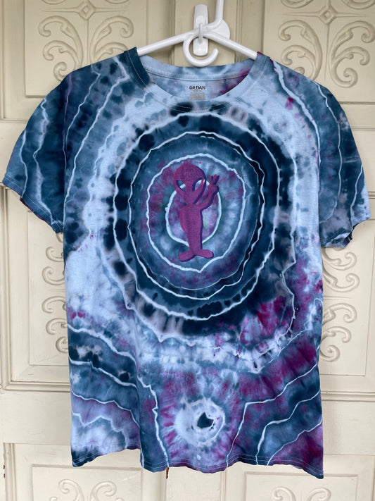 Medium Men's Groovy Alien Handmade Galaxy Geode Tie Dye T-Shirt | One-Of-a-Kind Upcycled Blue and White Short Sleeve Shirt