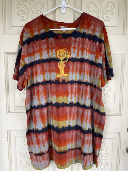 2XL Men's Groovy Alien Handmade Reverse Tie Dye T-Shirt | One-Of-a-Kind Upcycled Black and Red Short Sleeve Shirt